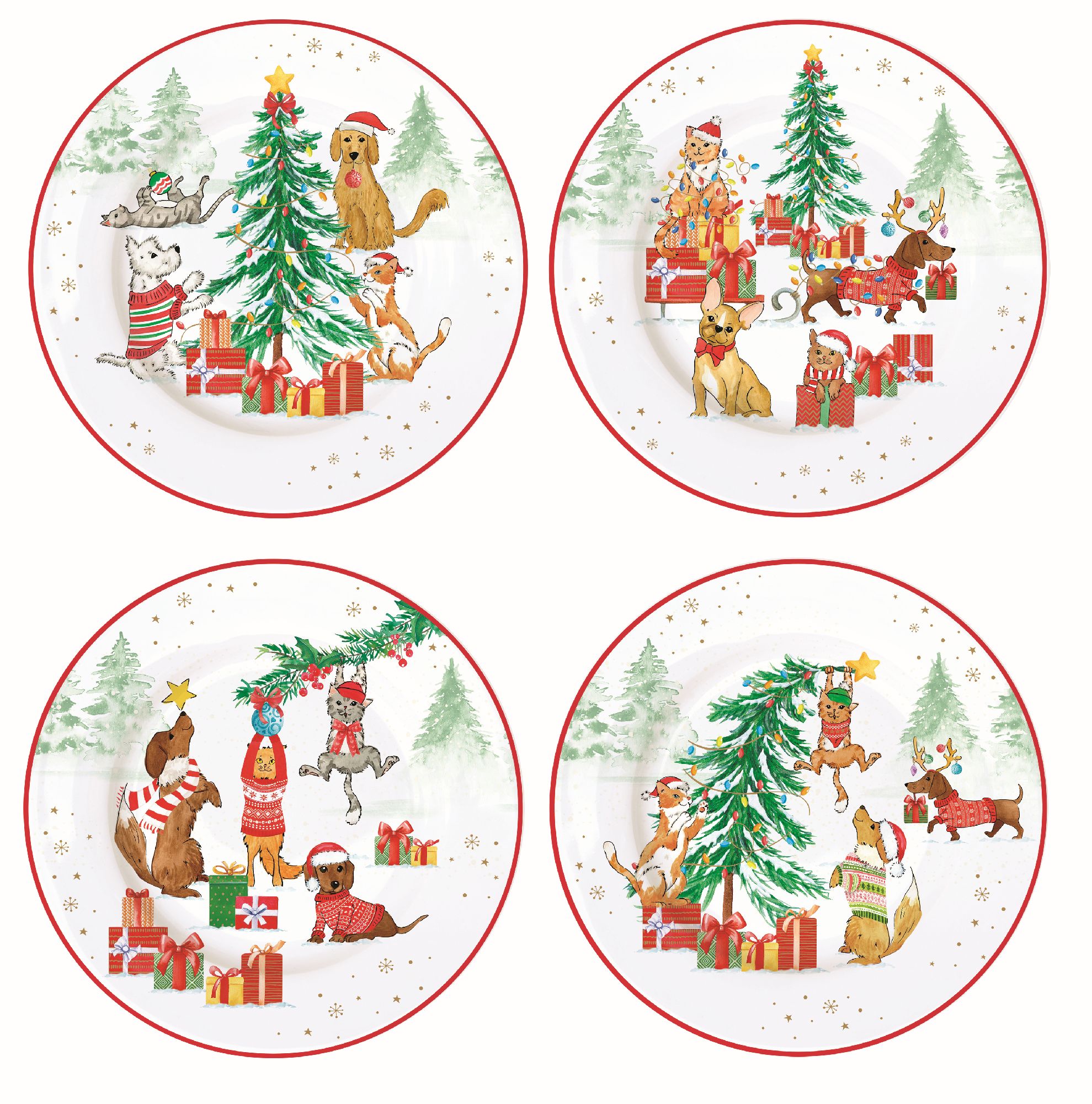 Vier Teller mit weihnachtlichen Motiven: Hunde und Katzen umgeben von Geschenken und Tannenbäumen in festlicher Dekoration.