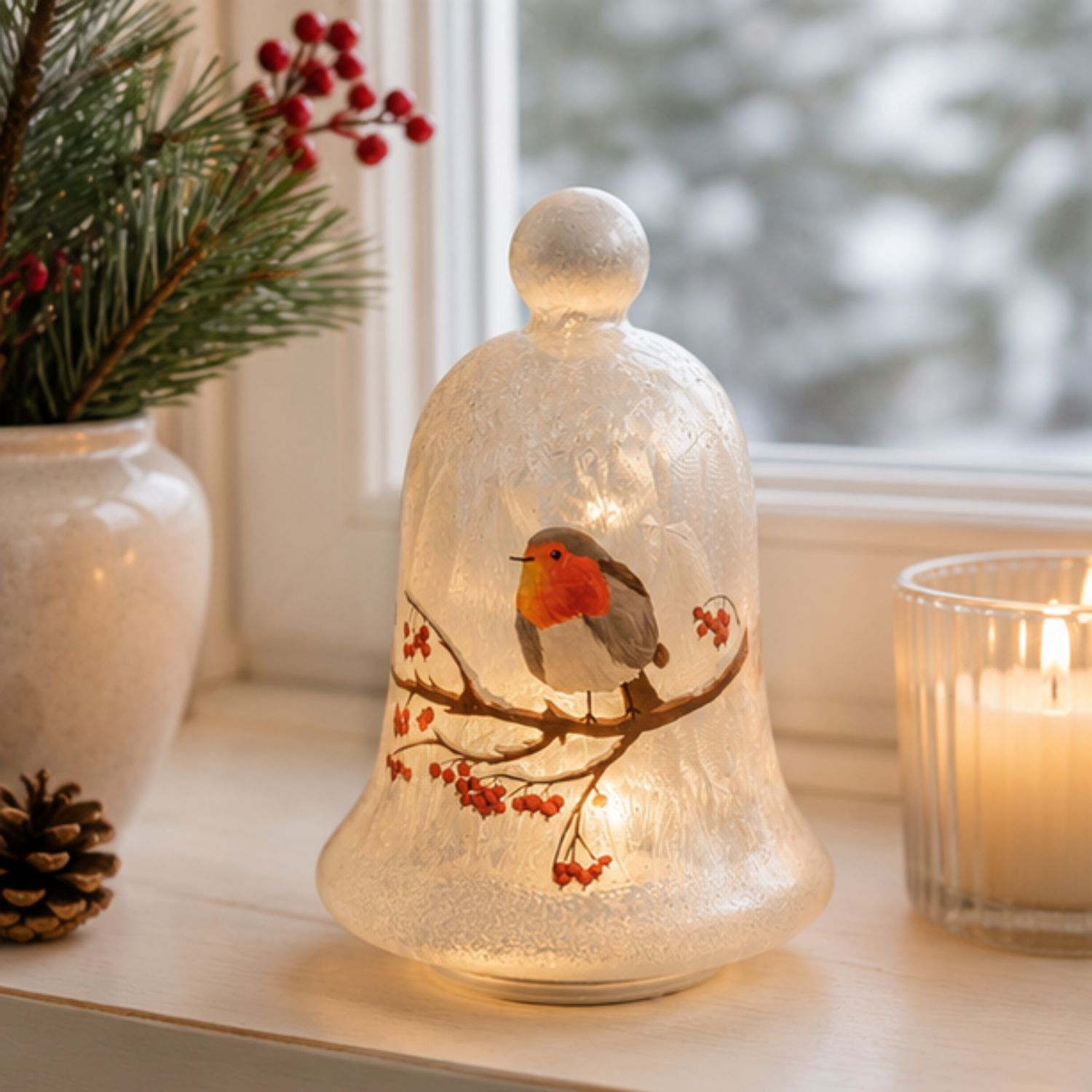 LED Deko Glocke WINTERVOGEL DREHEND H. 18cm weiß aus Glas mit Timer Formano