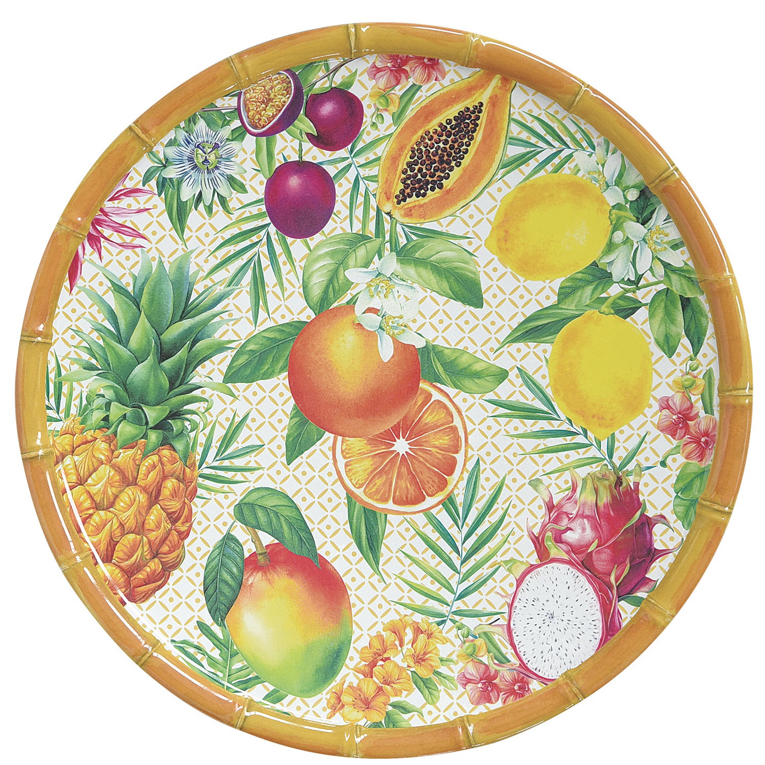 Runder Tablett mit bunten Fruchtmotiven: Ananas, Mango, Papaya, Zitrone, Orange, Drachenfrucht und B