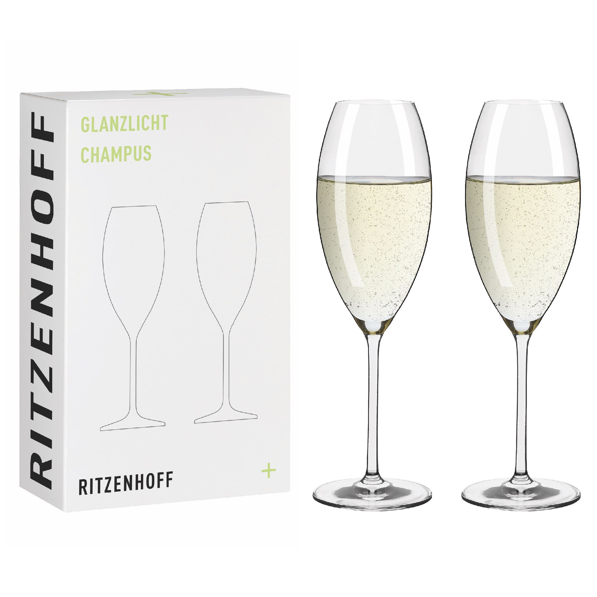 Zwei Sektgläser mit sprudelndem Inhalt stehen neben einer Verpackung mit der Aufschrift "Glanzlicht Champus".