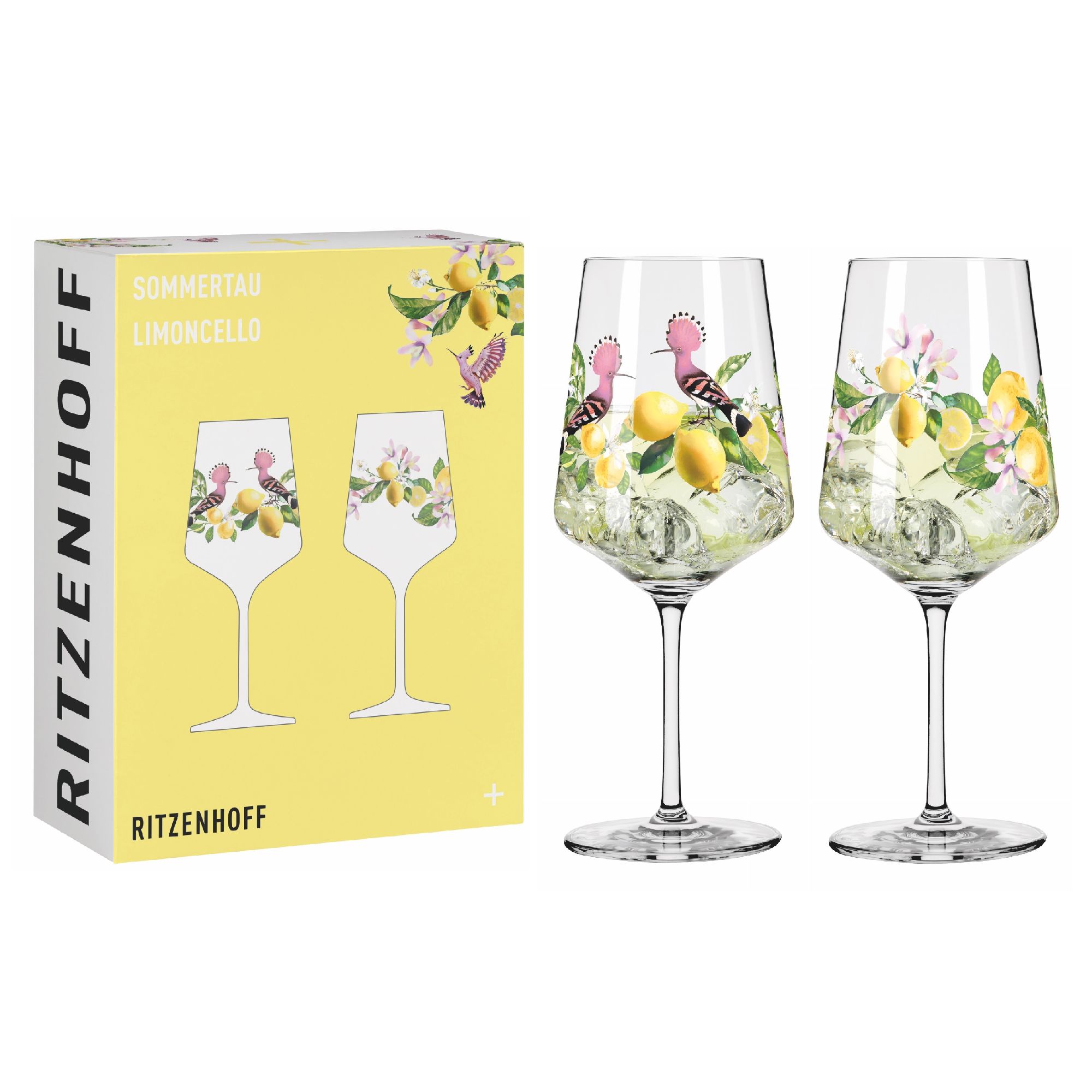Zwei dekorative Gläser mit bunten Motiven von Vögeln und Zitronen, verpackt in einer gelben Schachtel.