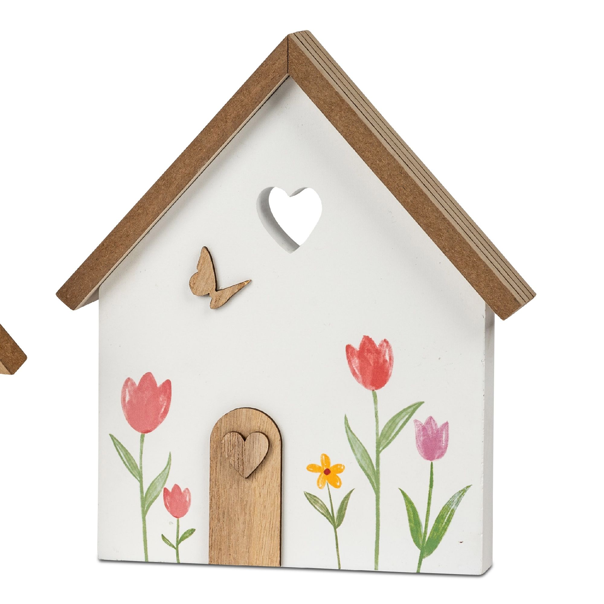 Dekoratives Vogelhaus aus Holz mit Herzöffnung, bemalt mit Blumen und einem Schmetterling. Dach aus braunem Holz.