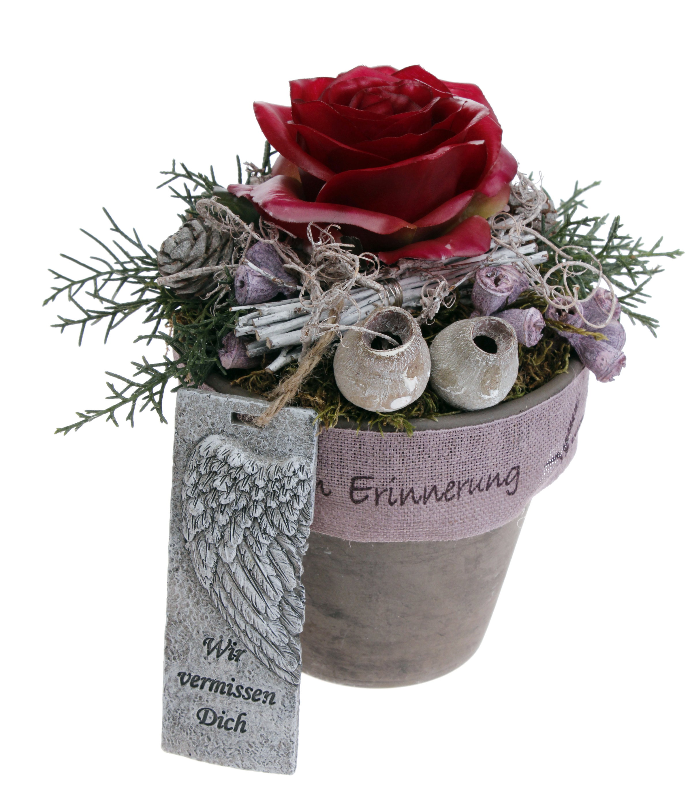 Grabschmuck Tontopf mit Wachsrose erika, wetterfest CreaFlor Home | DZ24897