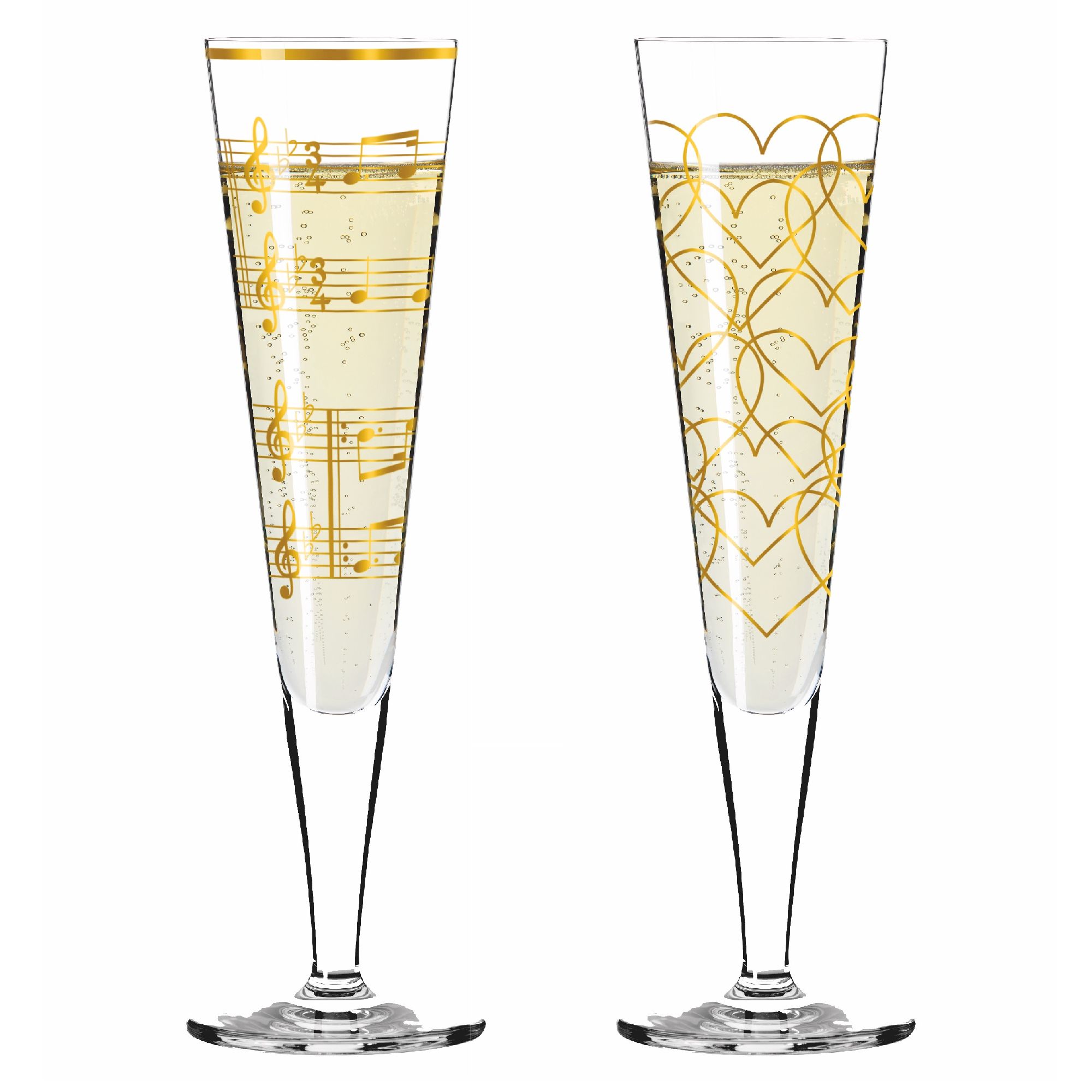 Zwei Sektgläser mit unterschiedlichen goldenen Mustern: Noten auf dem linken Glas und Herzen auf dem rechten Glas.
