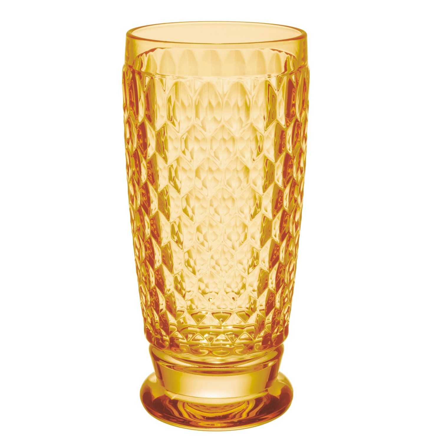 Ein hoher, runder, orangefarbener Glasbecher mit strukturiertem Muster