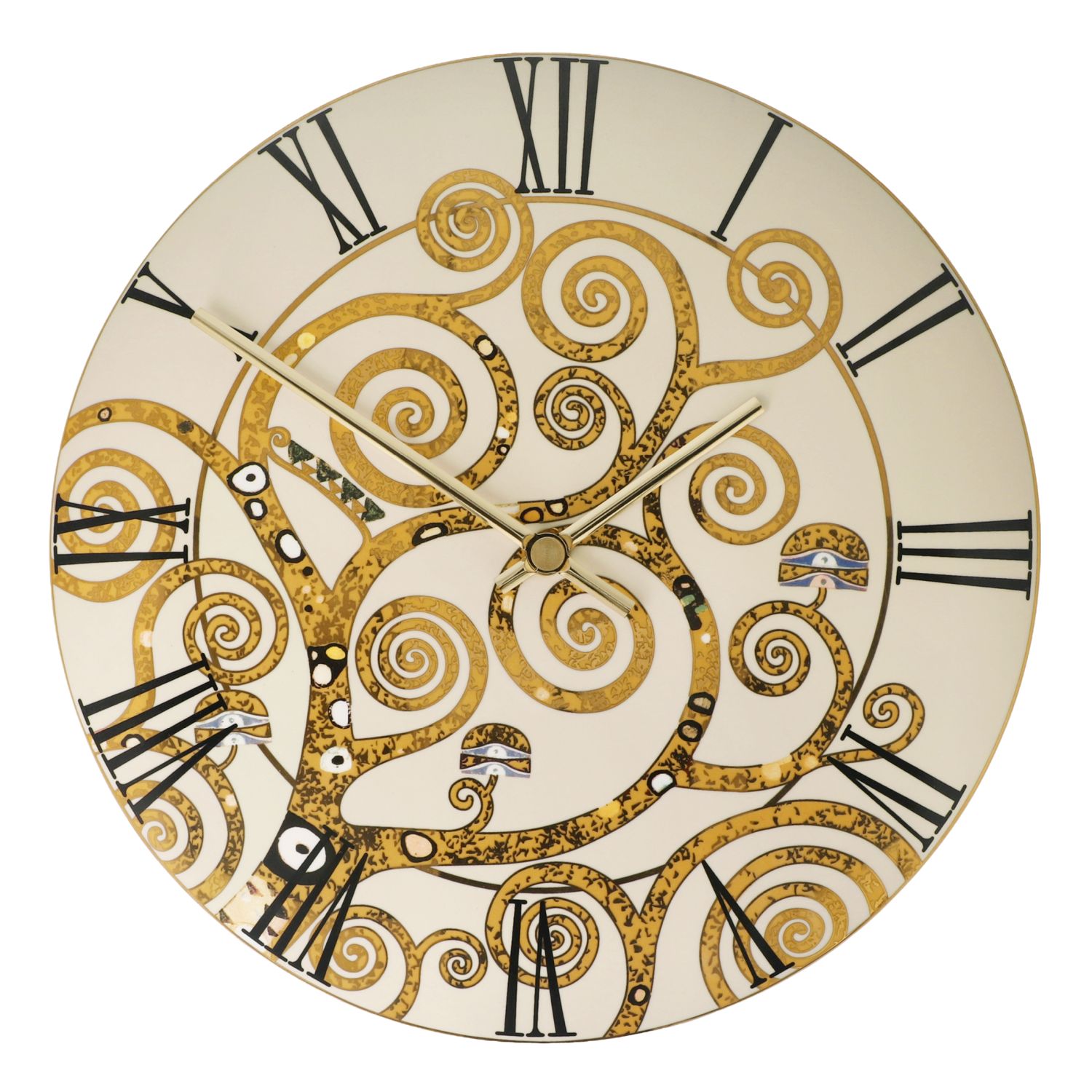Runde Wanduhr mit römischen Ziffern und goldenen, spiralförmigen Ornamenten auf hellem Grund
