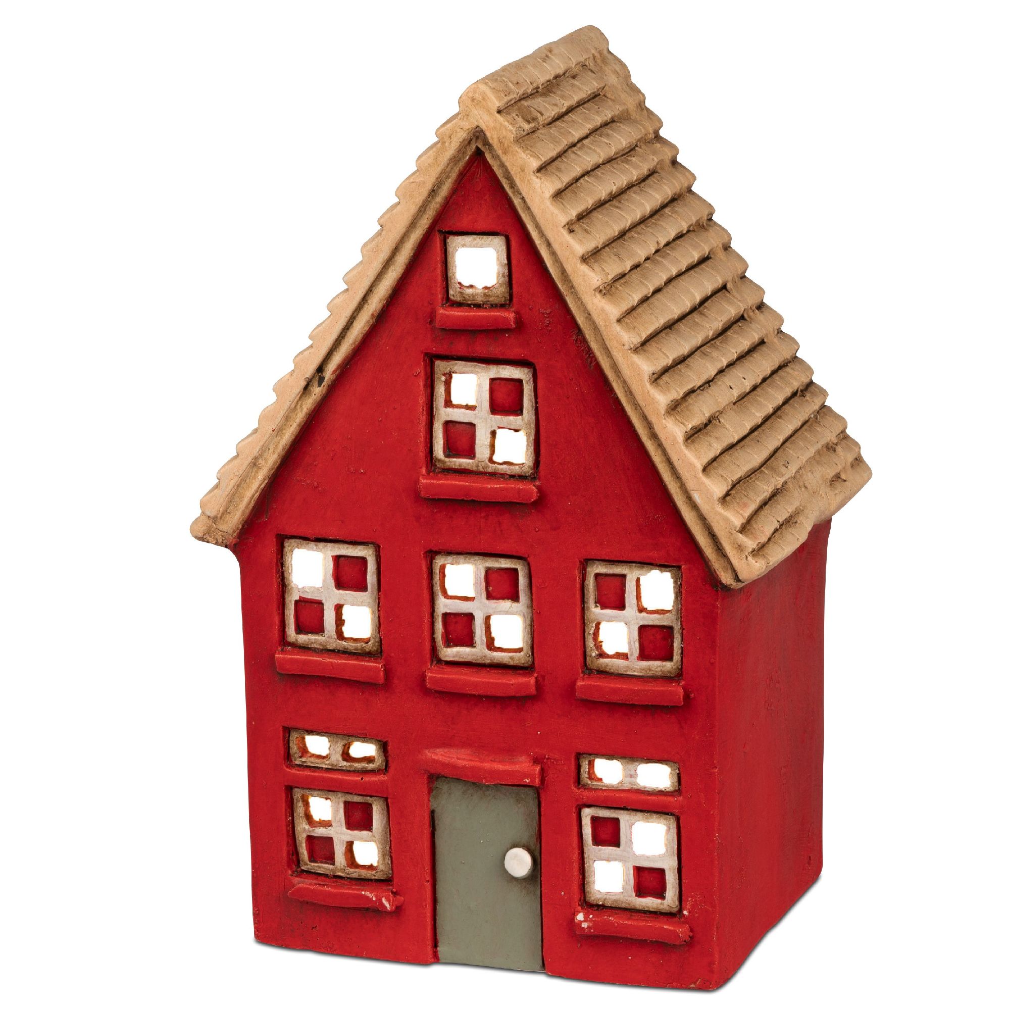 Rotes, dekoratives Haus aus Keramik mit einem Satteldach und mehreren Fenstern. Die Tür ist grün und