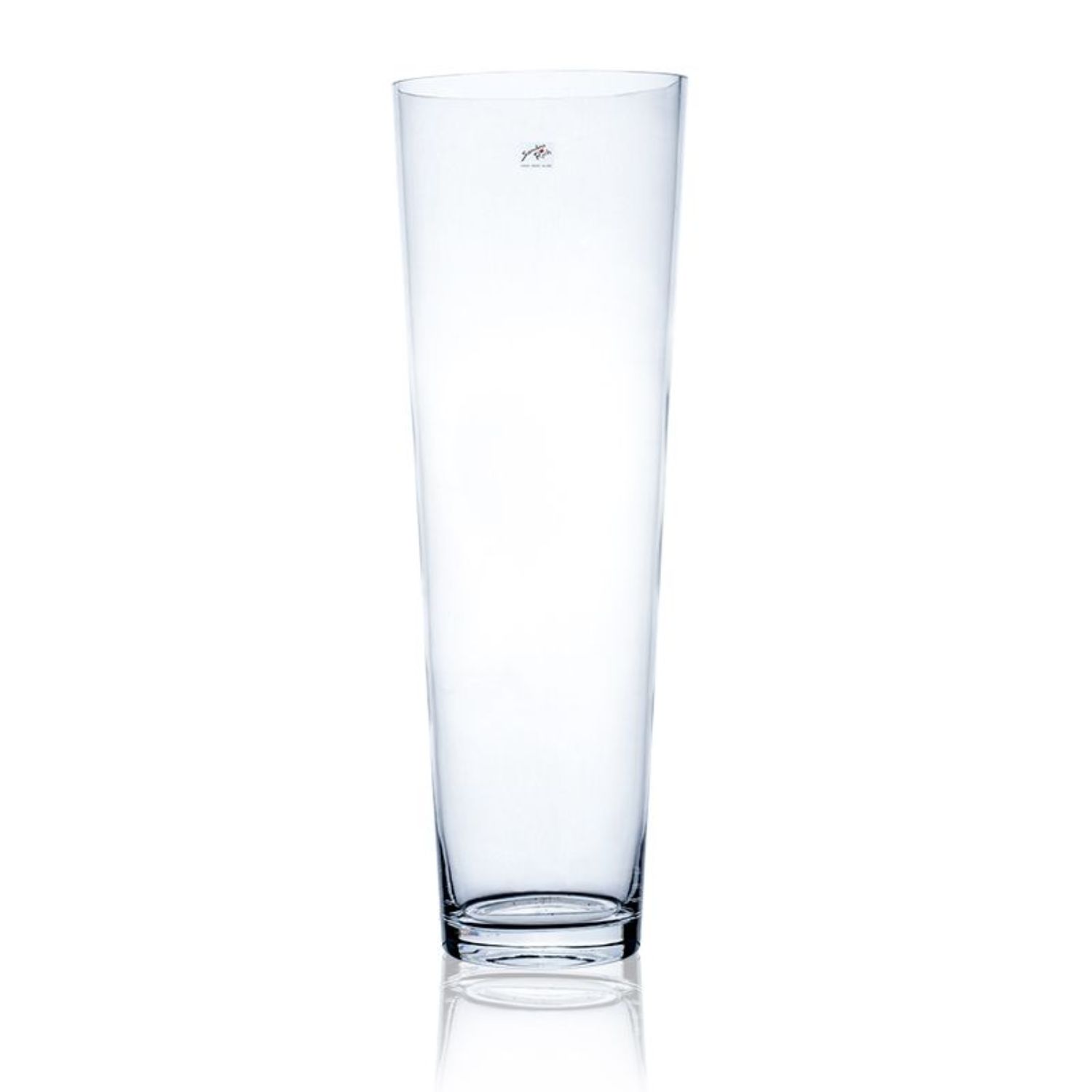 Hoher, transparenter Glasbehälter mit geradem Rand und breiterer Basis. Ideal für Getränke oder Blumenarrangements.
