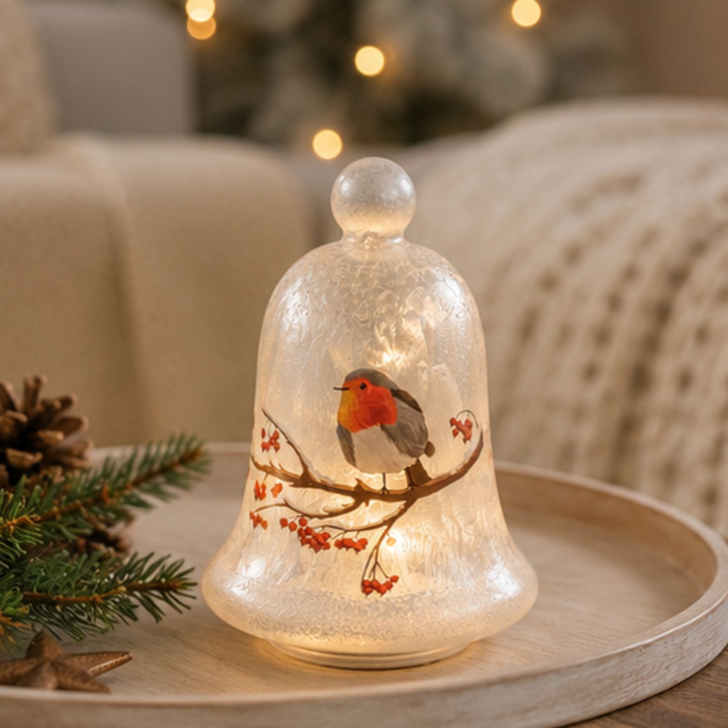 LED Deko Glocke WINTERVOGEL DREHEND H. 18cm weiß aus Glas mit Timer Formano