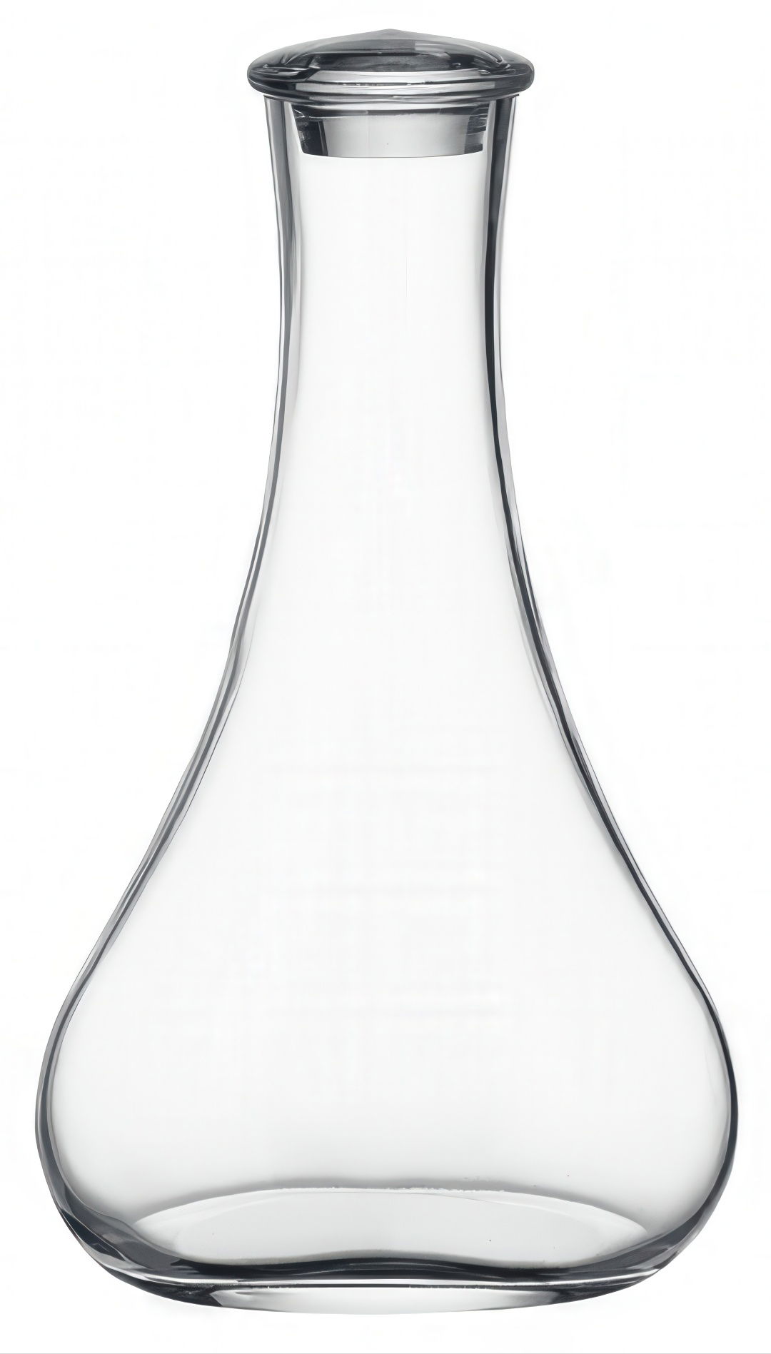 Eine transparente, gläserne Karaffe mit einer breiten, bauchigen Form und einem schmalen Hals. Der Deckel ist ebenfalls aus Glas.
