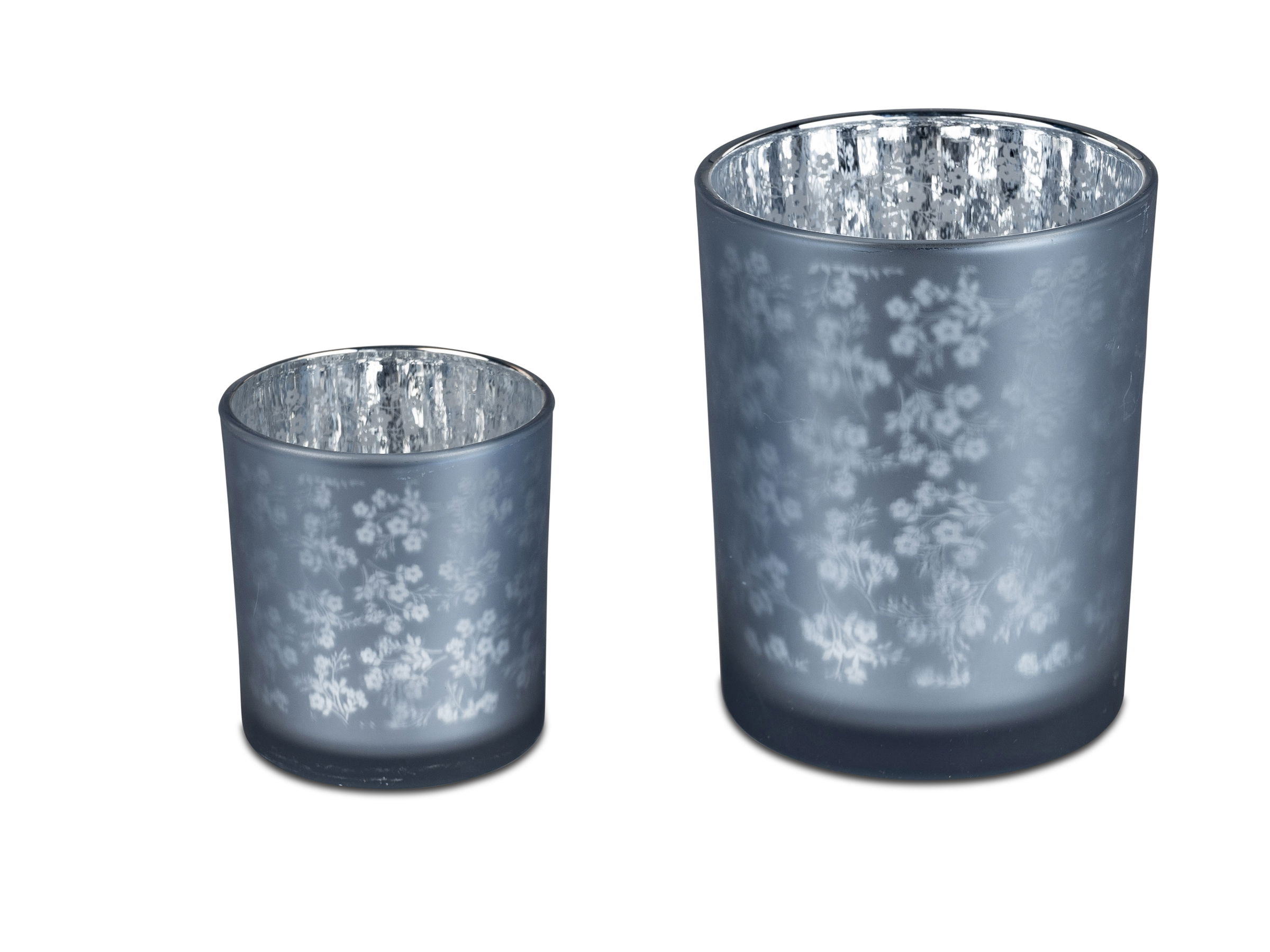 Teelichthalter, Windlicht FLOWERS rund Höhe 8cm blau silber Glas, von Formano