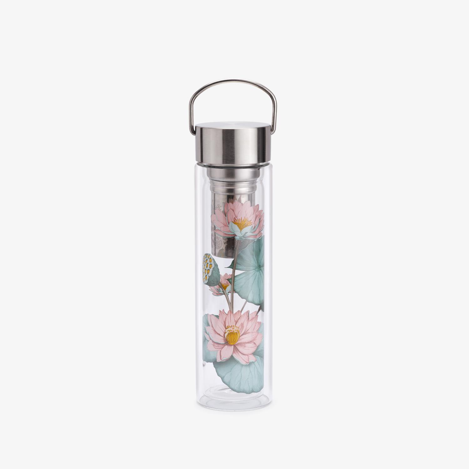 Transparente Trinkflasche mit einem Edelstahlverschluss und floralem Design in Rosa und Blau.