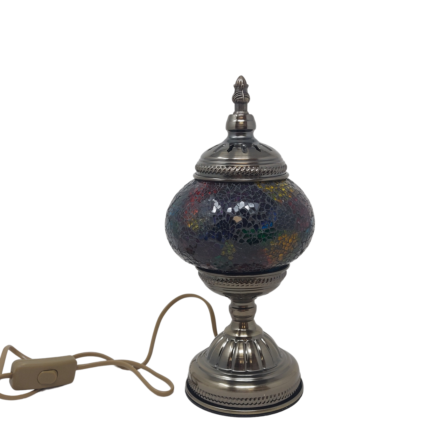 Tischlampe mit buntem Mosaik Lampenschirm und antik silberfarbenem Fuß und Deckel