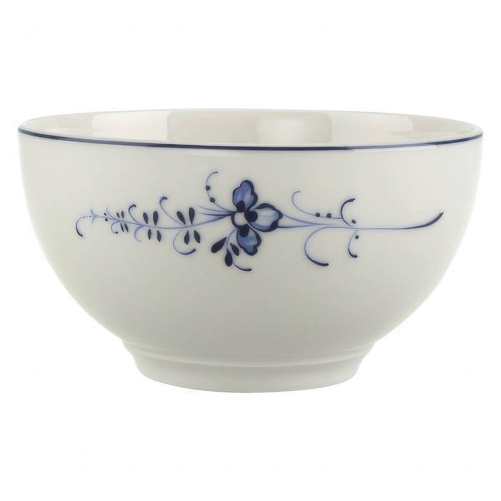 Weiße Schüssel mit blauen floralen Mustern und einem schmalen Rand. Die Form ist rund und leicht gewölbt.