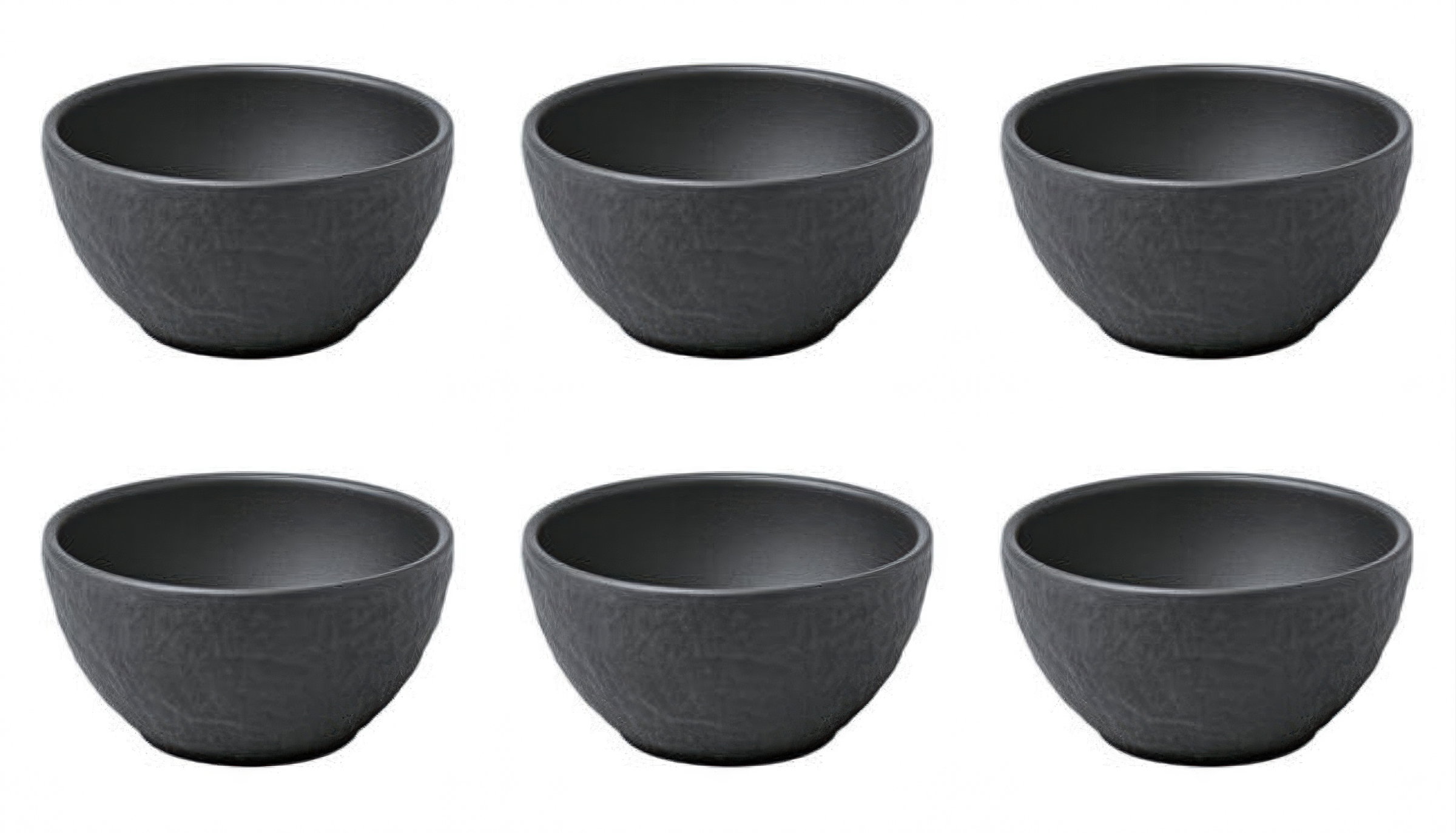 Sechs schwarze Schalen aus Keramik, rund und ohne Henkel, gleichmäßig angeordnet in zwei Reihen.