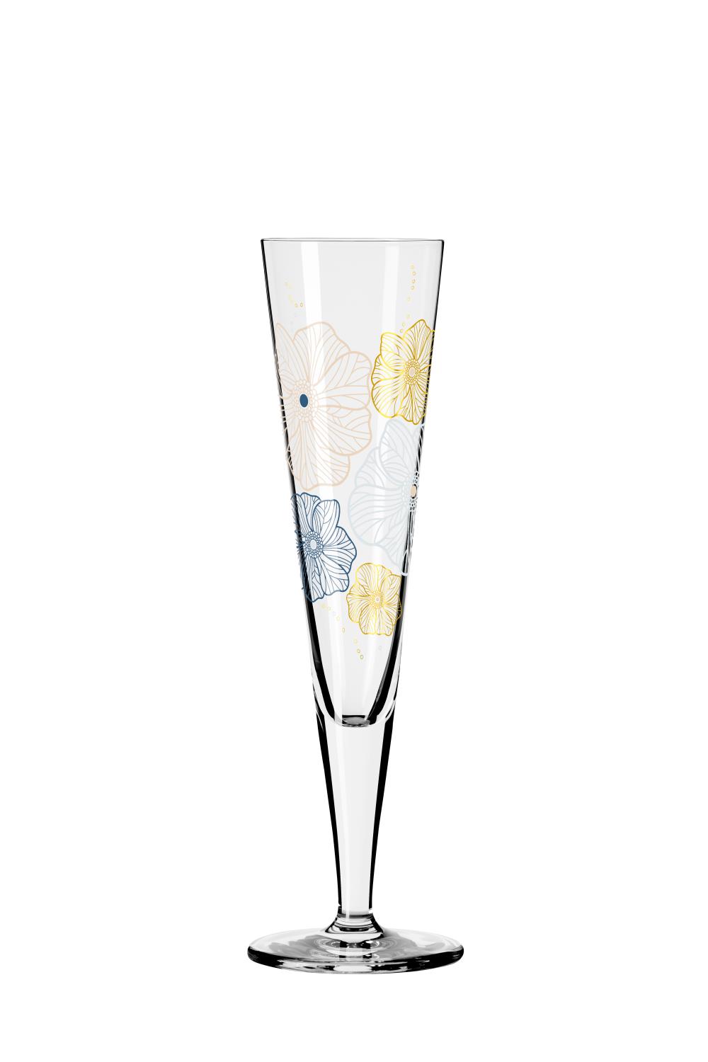 Ein schlanker Sektglas mit floralen Mustern in Gelb, Blau und Beige auf transparentem Glas.