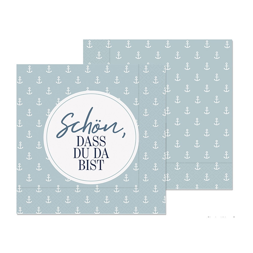 Karte mit hellblauem Hintergrund, weißen Ankern und dem Text „Schön, dass du da bist“ in einem runden Rahmen.