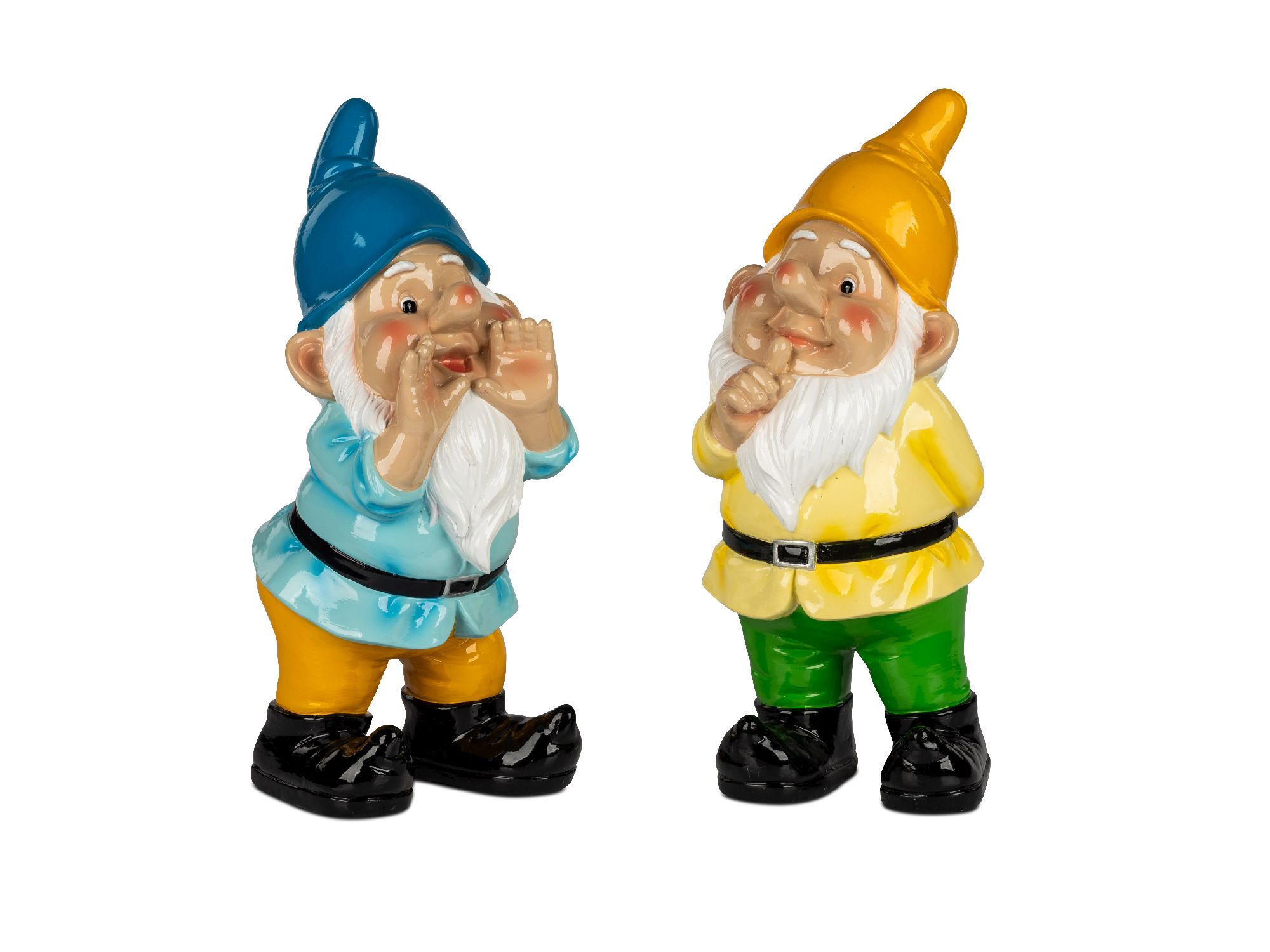 Zwei bunte Gartenzwerge stehen nebeneinander. Der linke trägt einen blauen Hut und ruft, der rechte hat einen gelben Hut und macht ein Schhh.