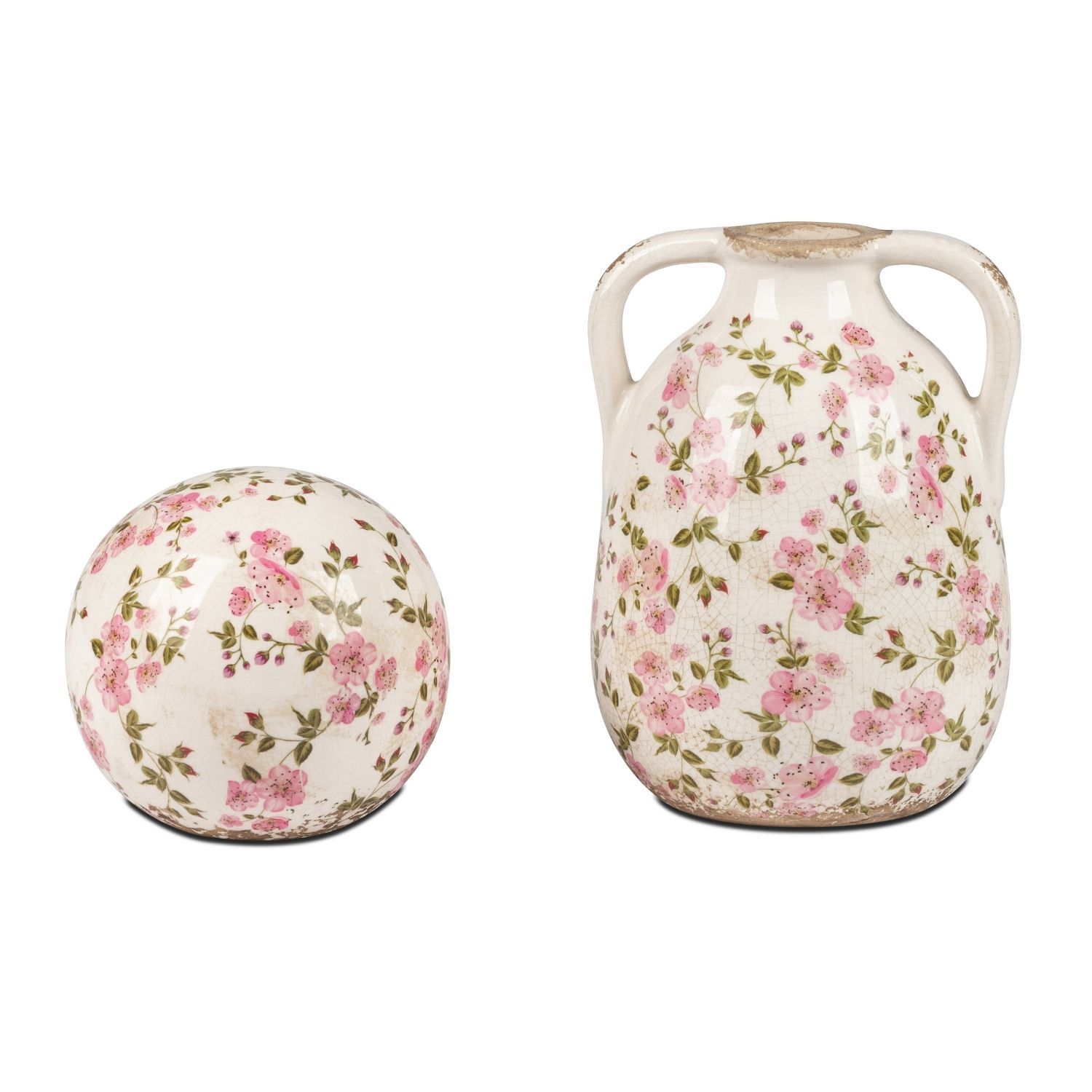 Kugel und bauchige Vase mit zwei Henkeln, beide mit rosa Blumenmuster auf Weiß