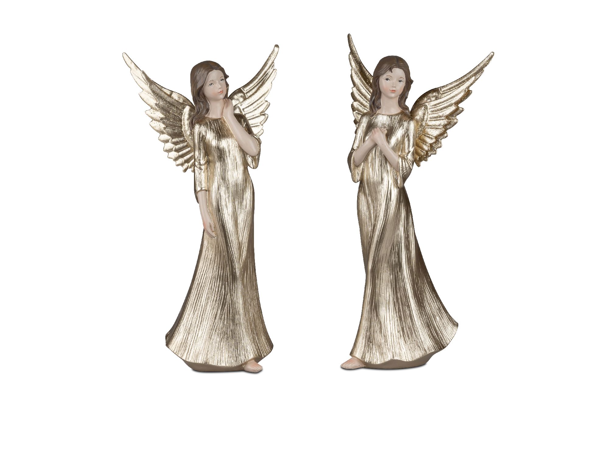 Zwei Engel-Statuen mit goldenen Flügeln und langen, glänzenden Gewändern stehen nebeneinander.