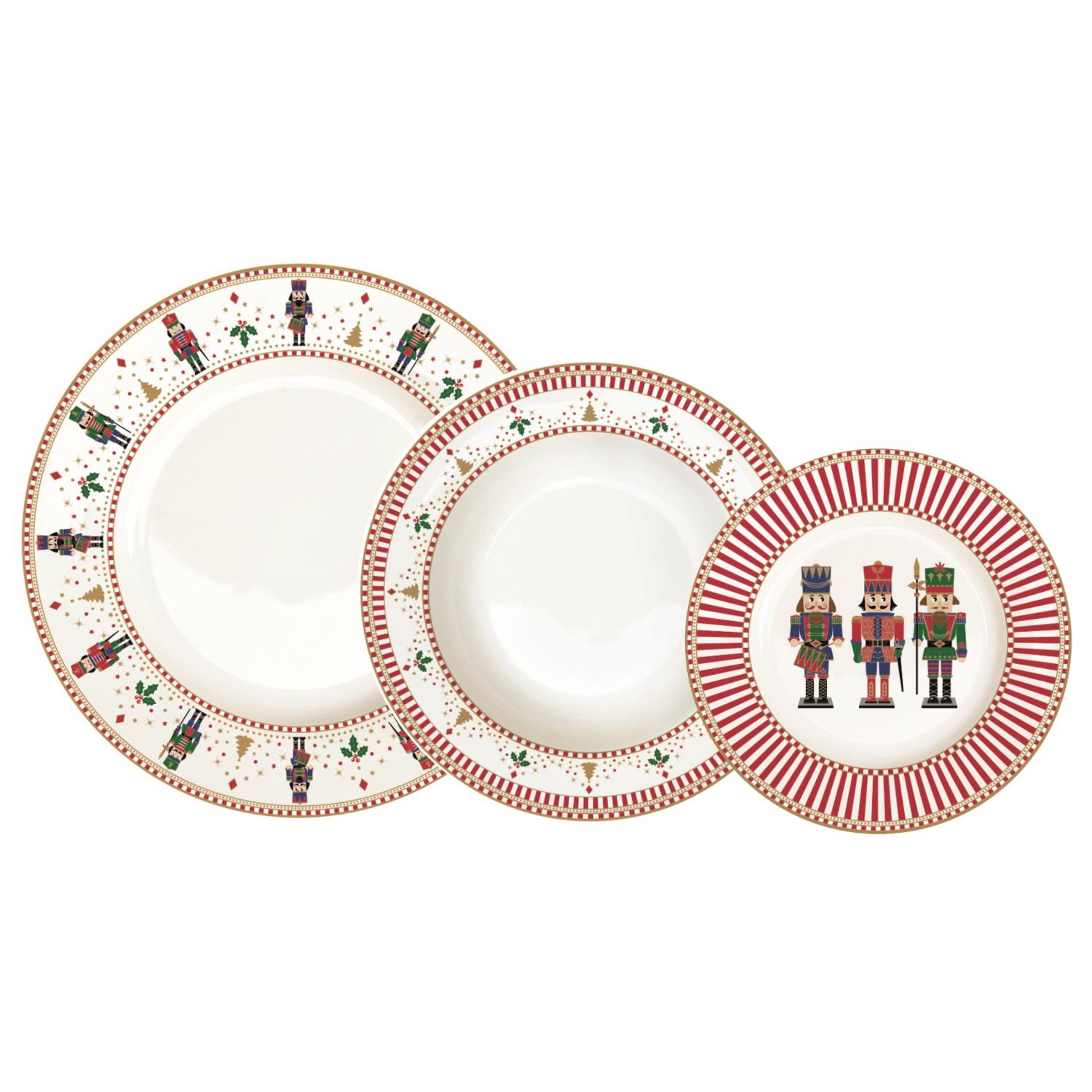 Drei Teller in verschiedenen Größen mit festlichem Design, darunter Figuren und Muster in Rot, Grün und Gold.
