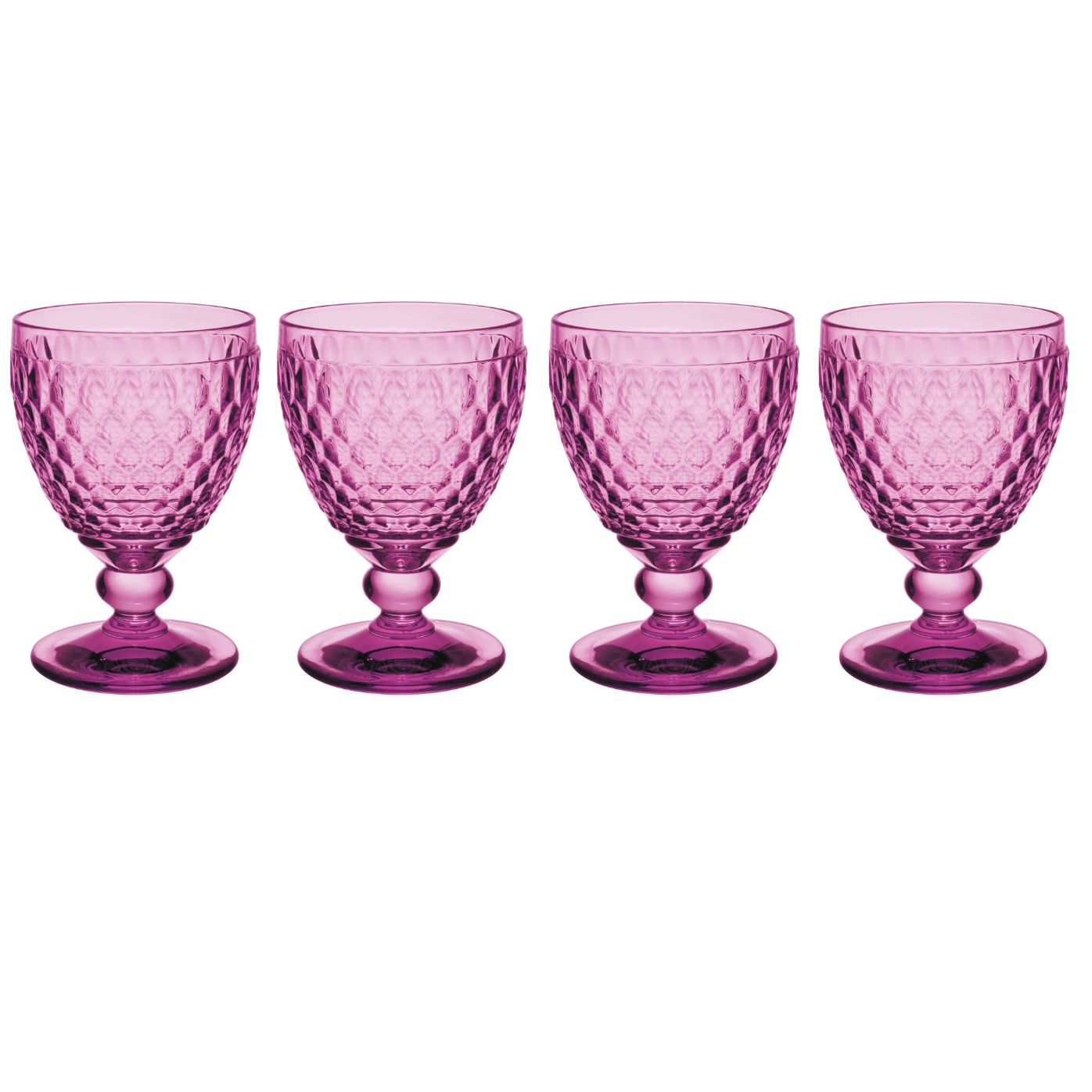 Vier lila Gläser mit strukturiertem Design auf einem weißen Hintergrund