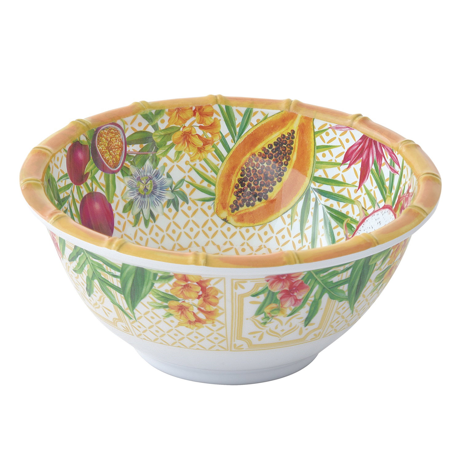 Schüssel mit buntem, tropischem Muster aus Früchten und Blumen, mit einem Rand, der wie Bambus aussi