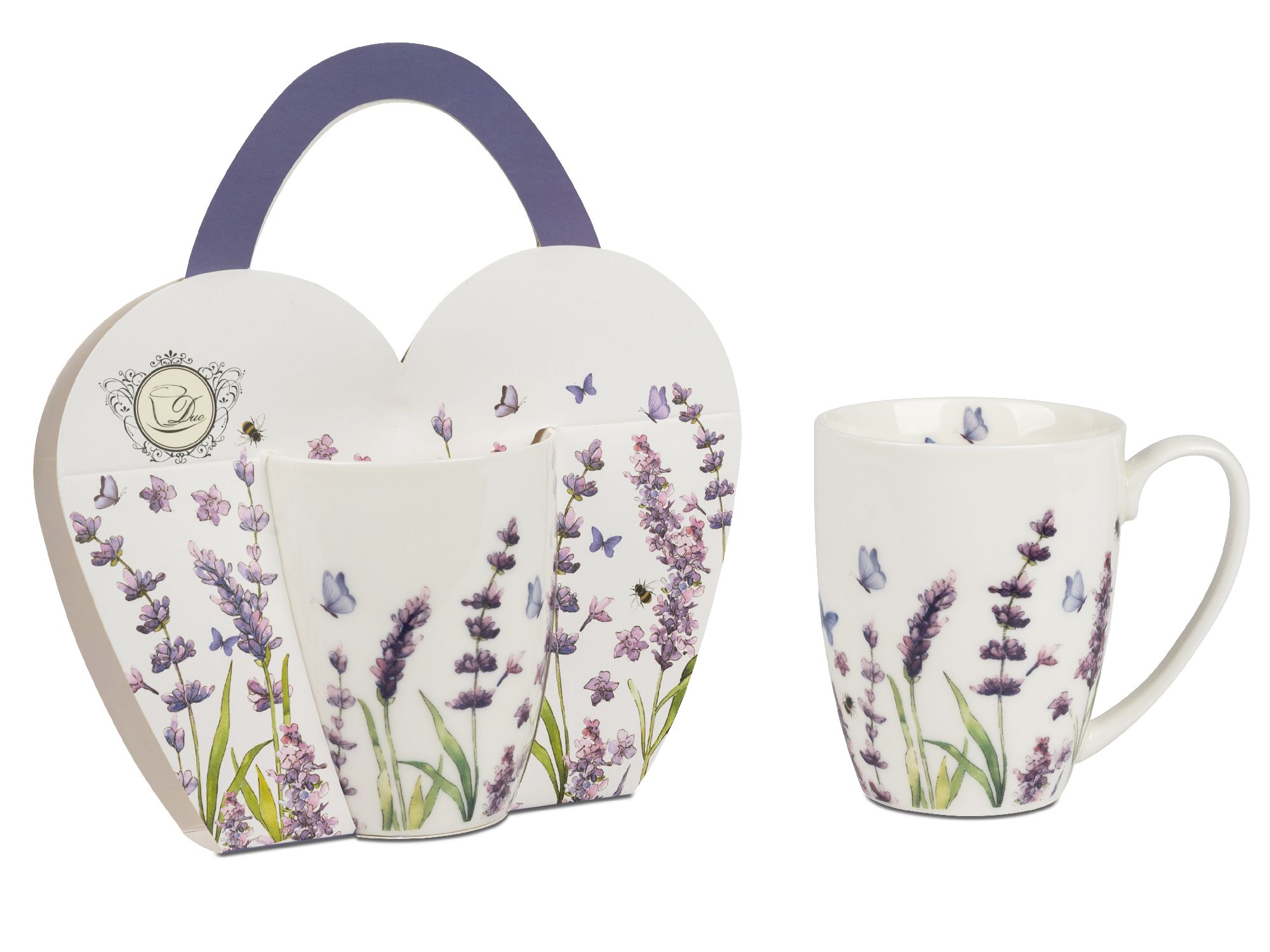 Zwei Tassen in einer herzförmigen Verpackung mit lila Blumen- und Schmetterlingsmotiven. Verpackung hat einen Griff.