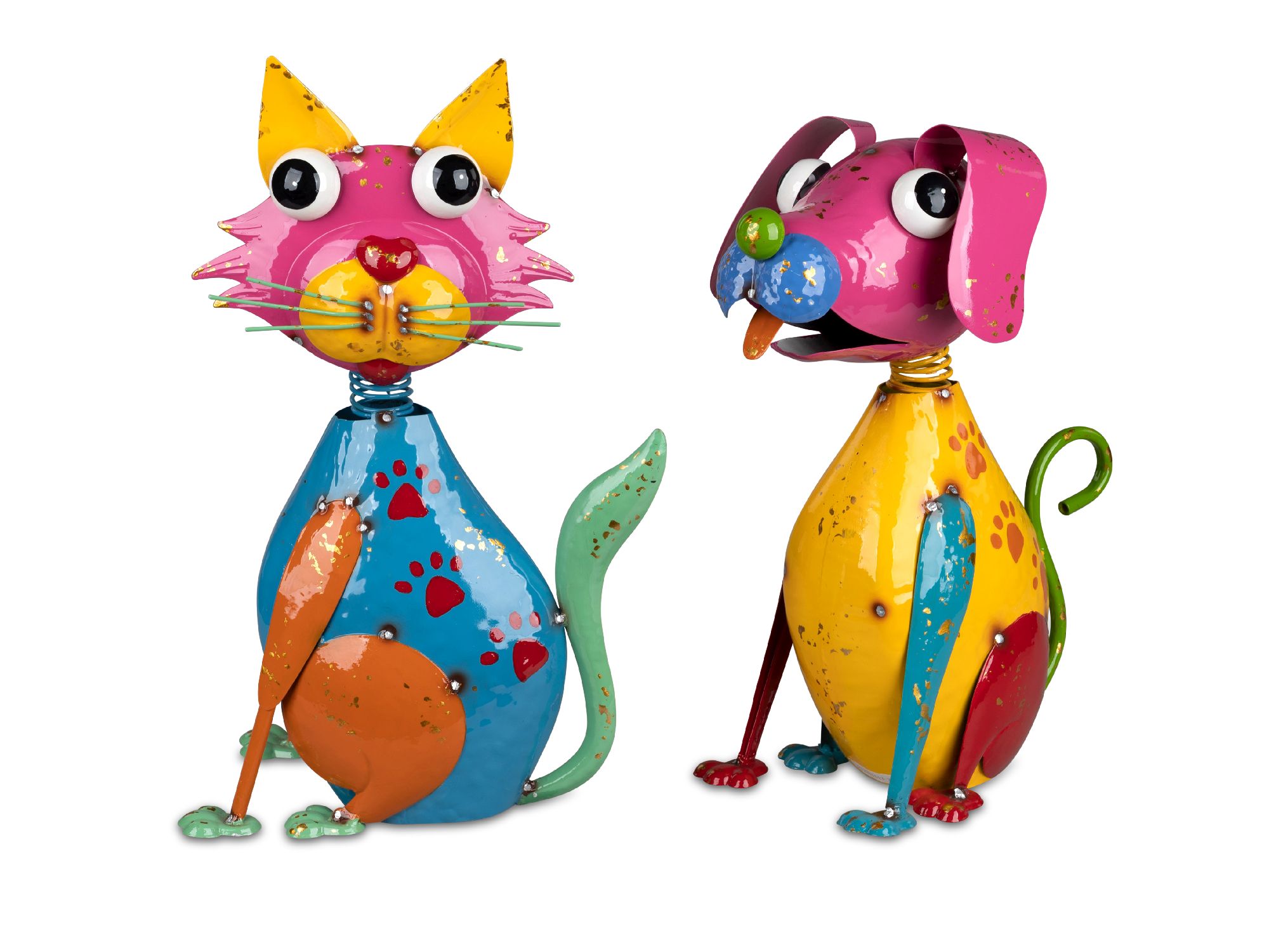 Bunte Skulpturen eines Katers und eines Hundes aus Metall, mit großen Augen und verschiedenen Farben