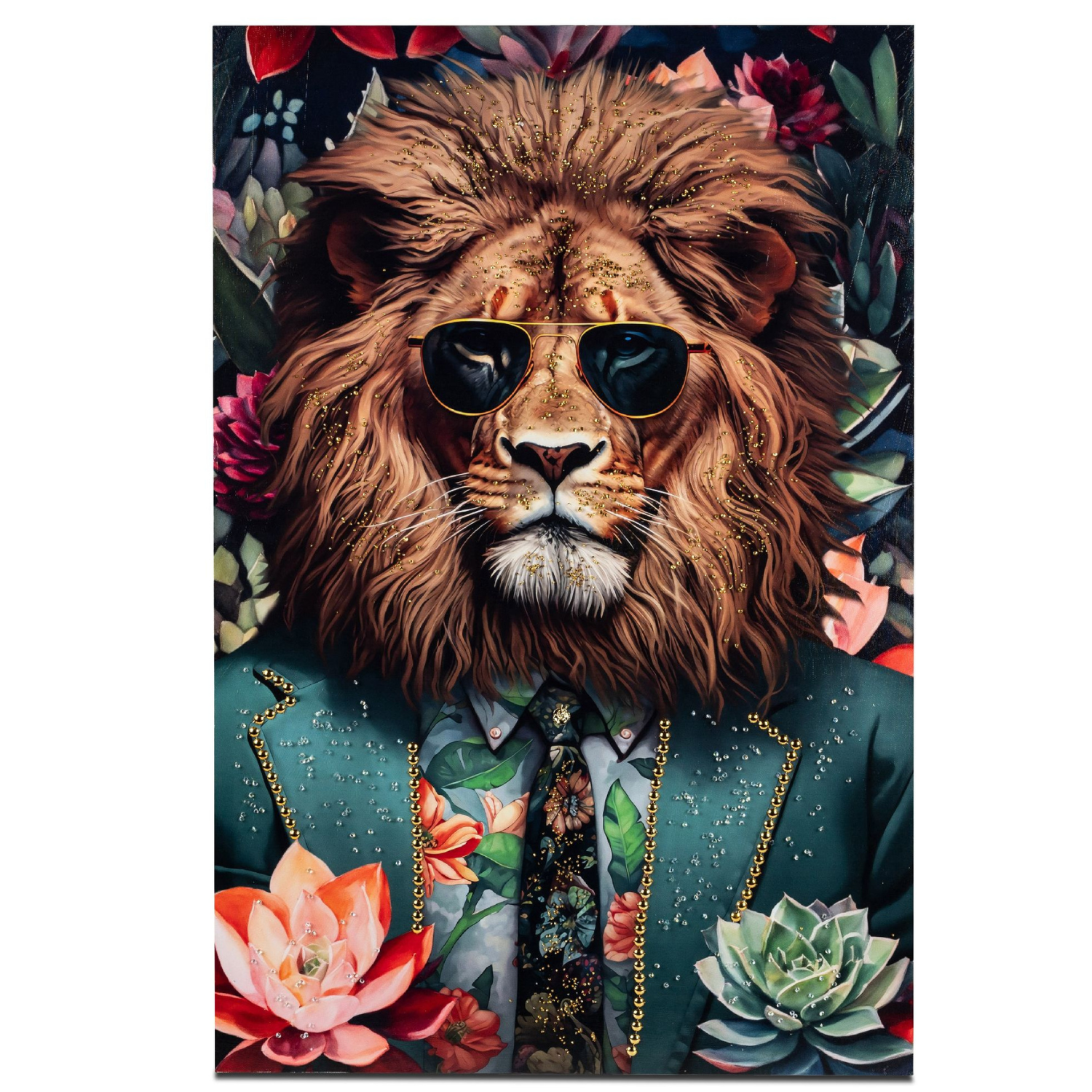 Ein Löwe mit Sonnenbrille trägt einen blumigen Anzug. Im Hintergrund sind bunte Blumen und Pflanzen