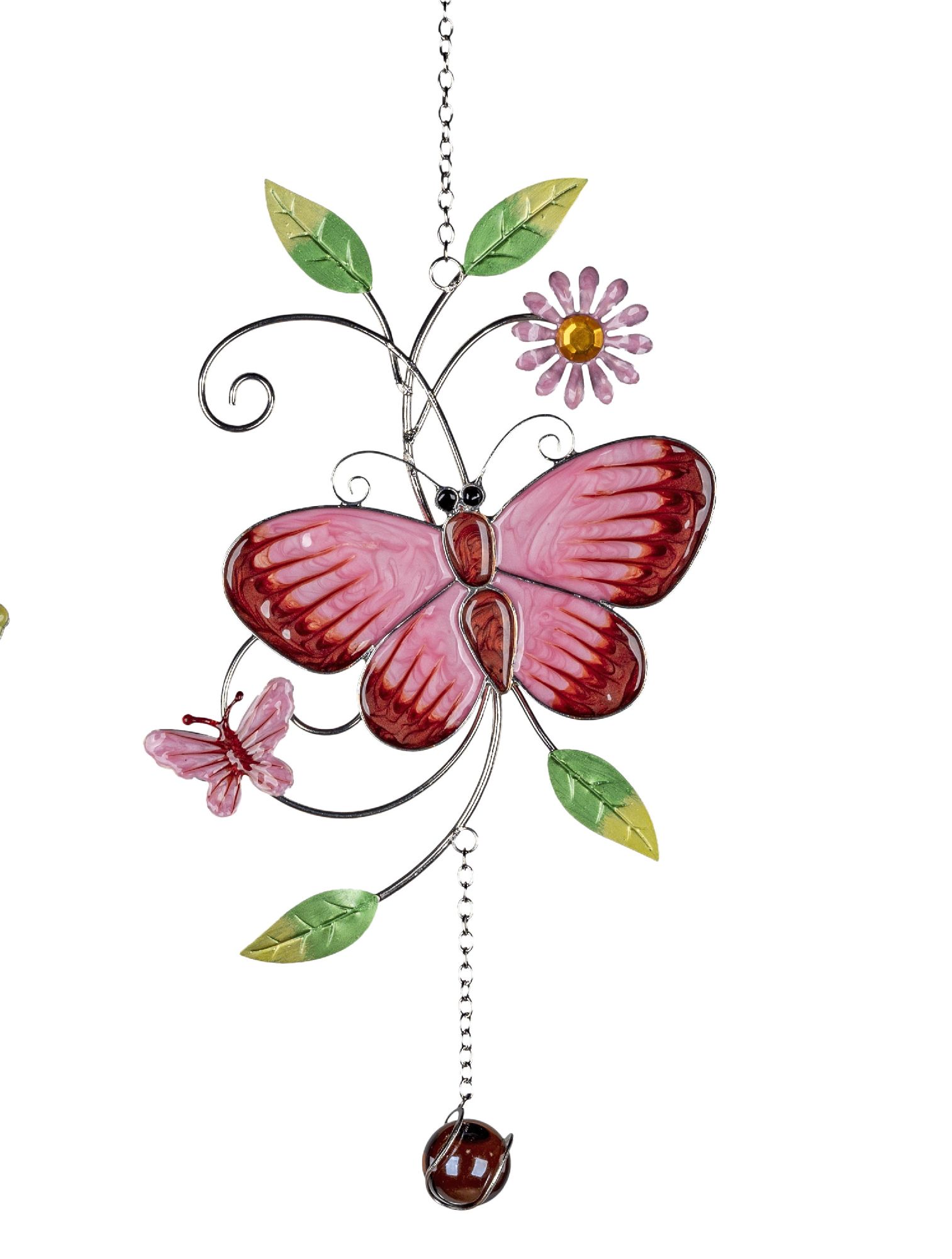 Bunter Schmetterling aus Metall mit Blättern und einer Blume, hängend an einer Kette. Kleine Schmett