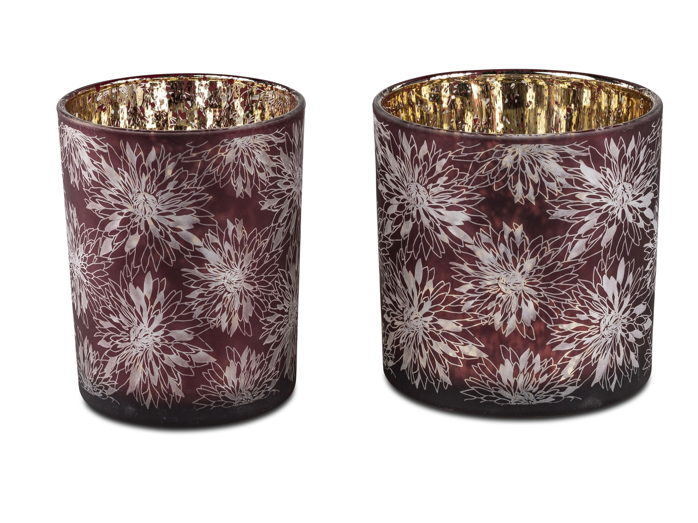 Zwei dekorative Kerzenhalter in dunklem Rot mit floralem Muster in Weiß und goldener Innenseite.