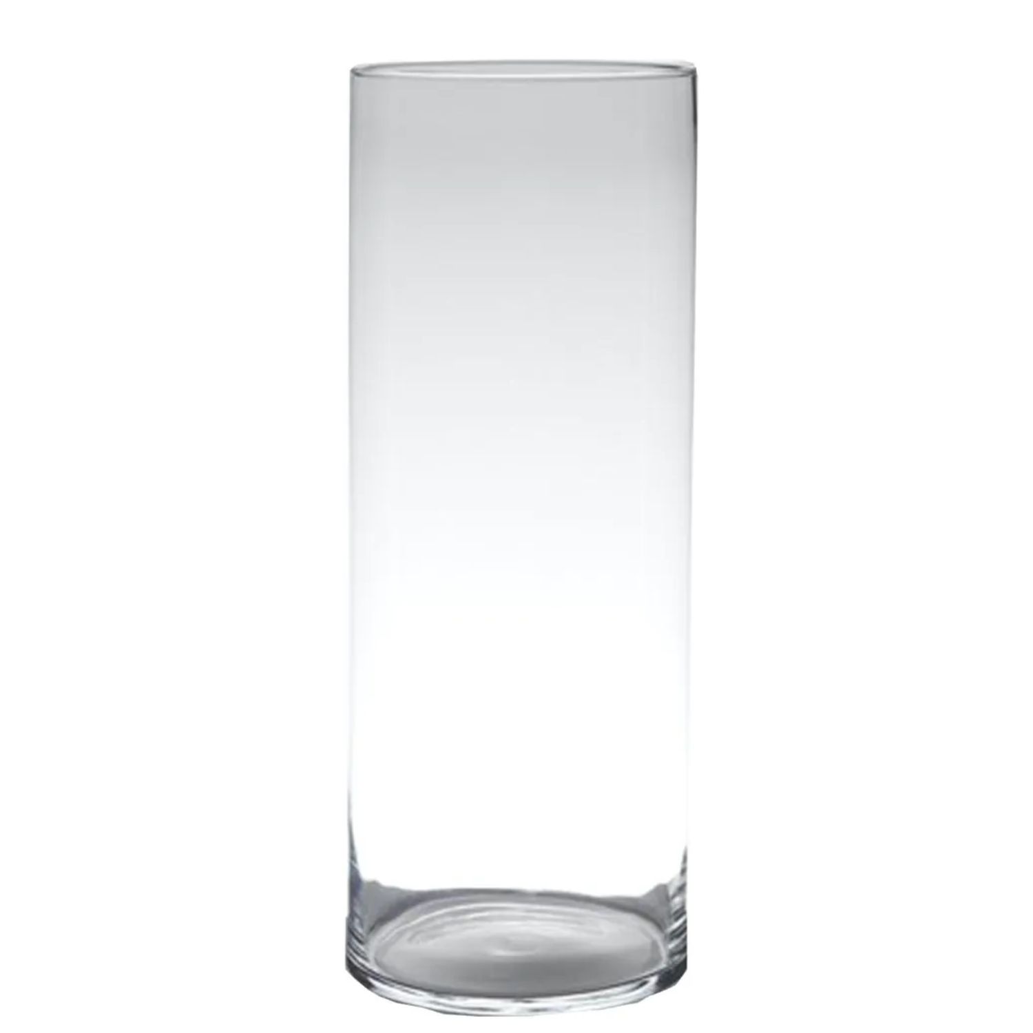 Ein hoher, transparenter Glasbehälter mit geraden Wänden und einem runden Boden.