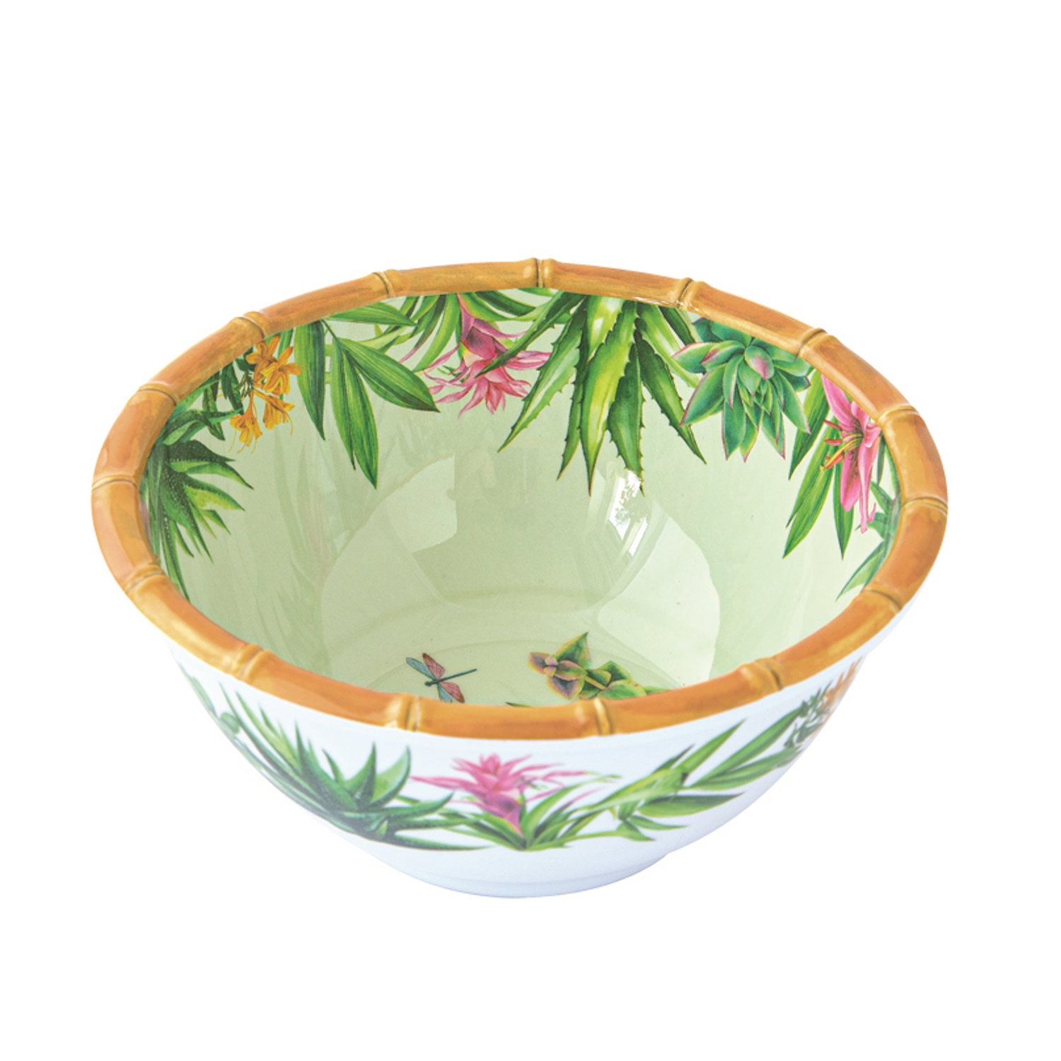 Schüssel mit grünem Innenraum und buntem Pflanzenmuster, umrandet von einem Bambusdesign.