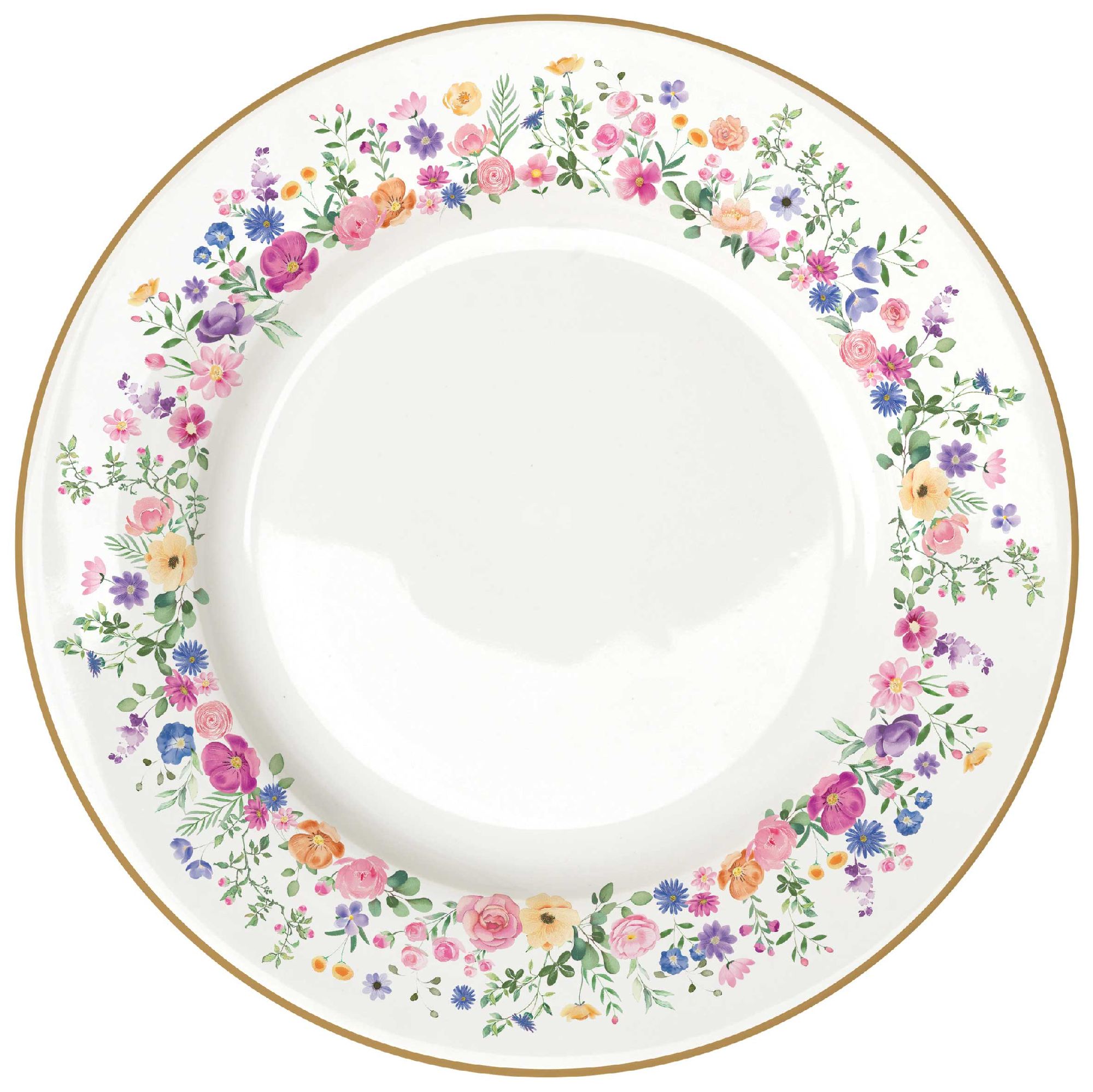 Ein runder Teller mit einem weißen Grund und einem bunten Blumenmuster am Rand. Der Rand ist goldfarben.