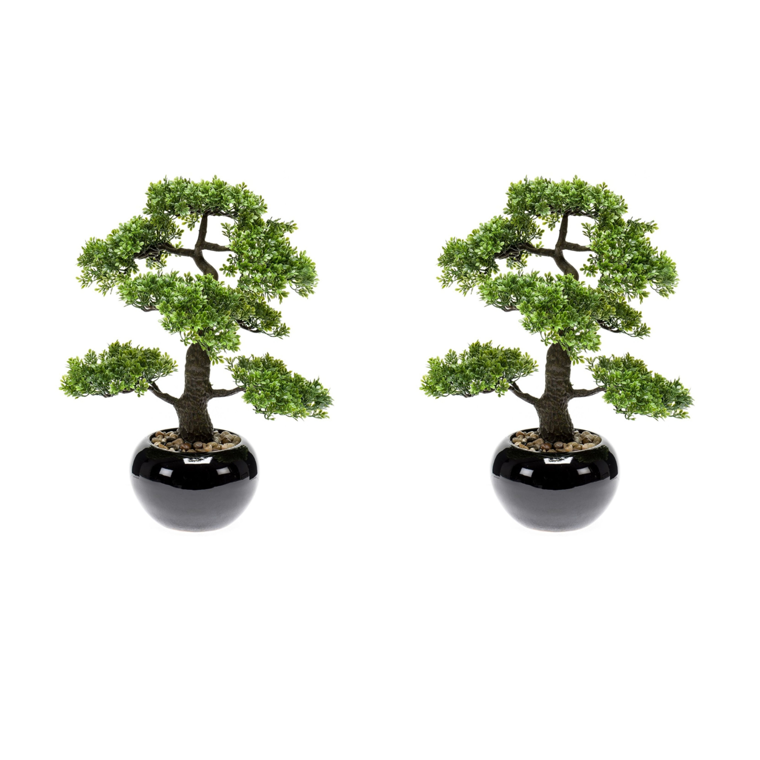 2er Set künstlicher Bonsai FICUS H. 47cm grün in schwarzem Keramik Topf Emerald