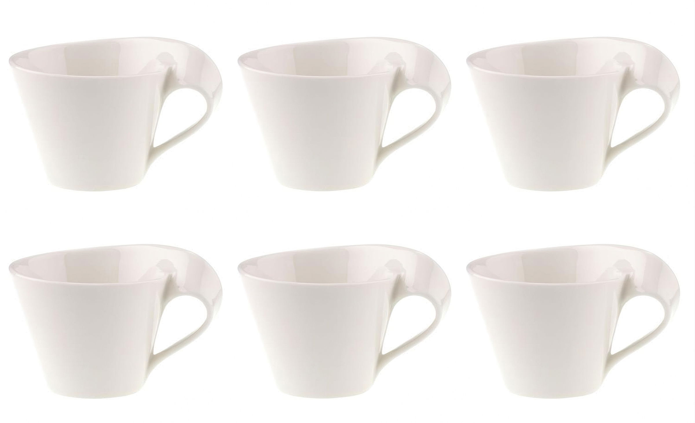 Sechs weiße Kaffeetassen mit einem modernen, asymmetrischen Design, angeordnet in zwei Reihen.