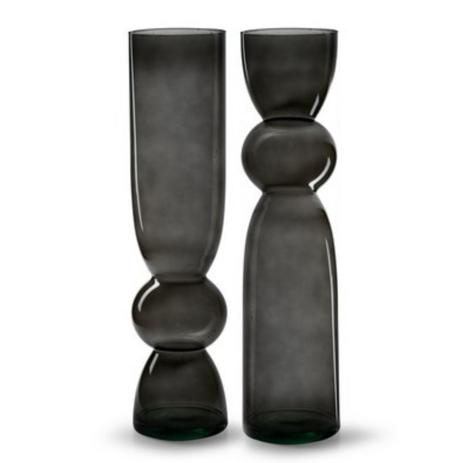 2 schwarze Bodenvasen in moderner Form aus transpararentem Glas