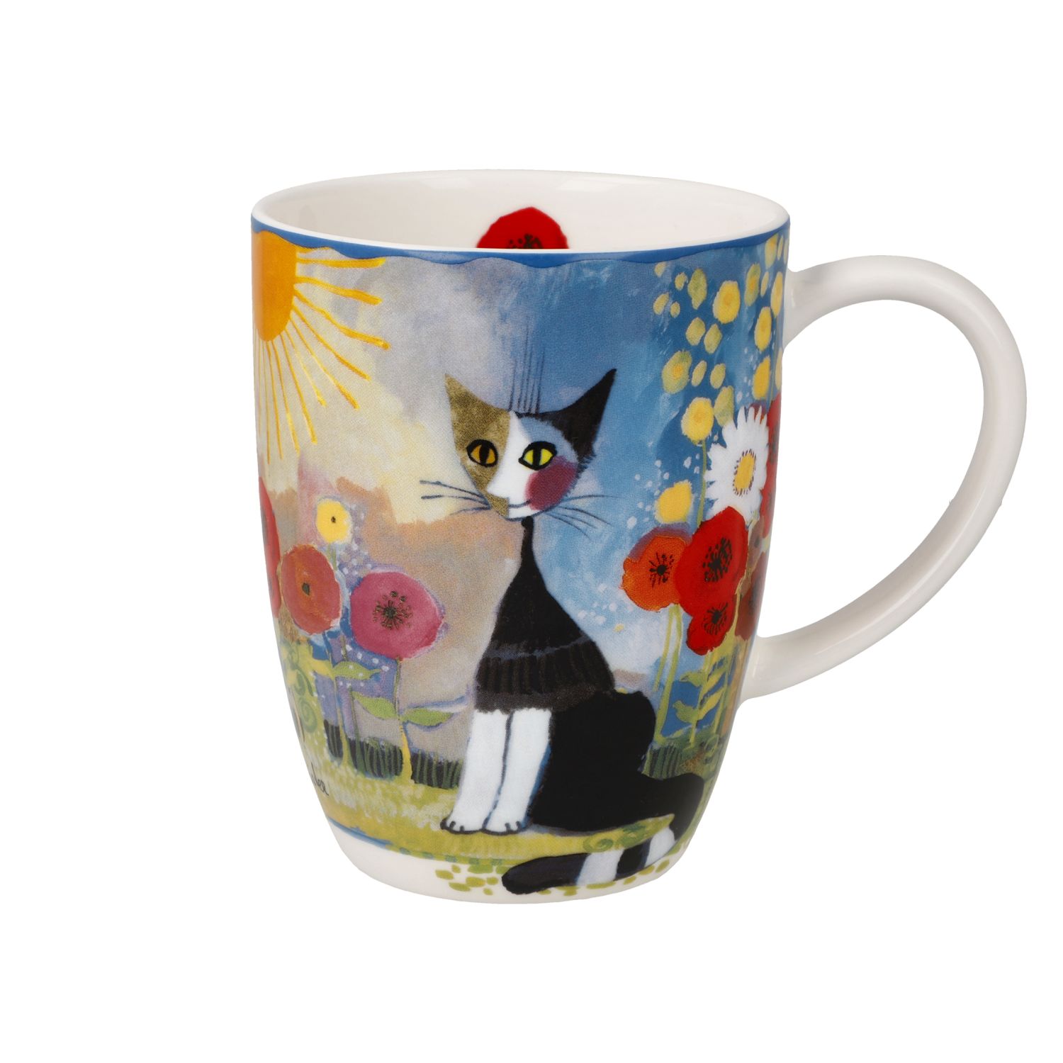 Bunte Tasse mit gemalter schwarz‑weißer Katze zwischen Blumen und Sonne auf hellem Grund