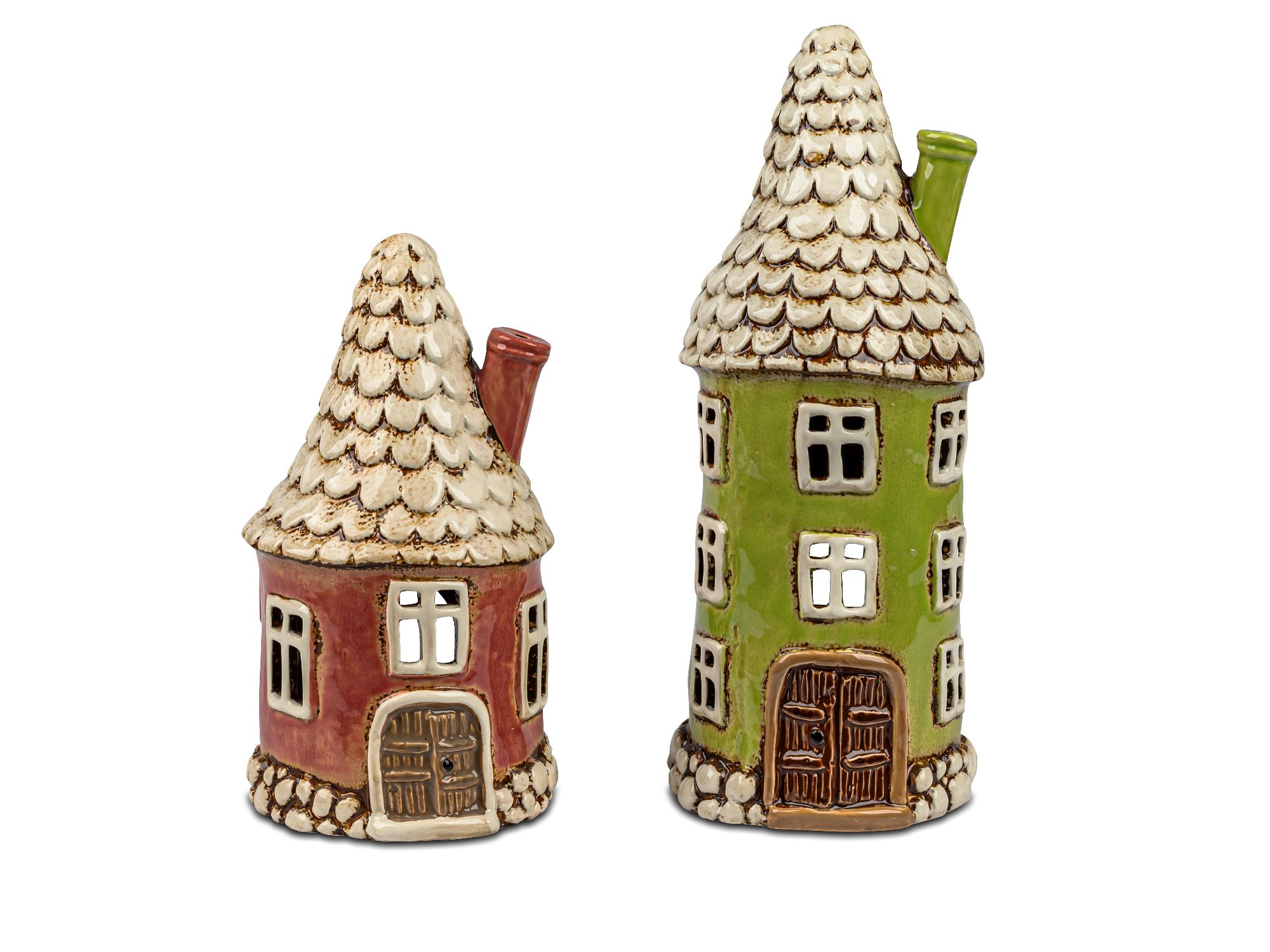 Windlicht Haus COTTAGE H. 28cm grün creme handbemalt aus Steinzeug Formano
