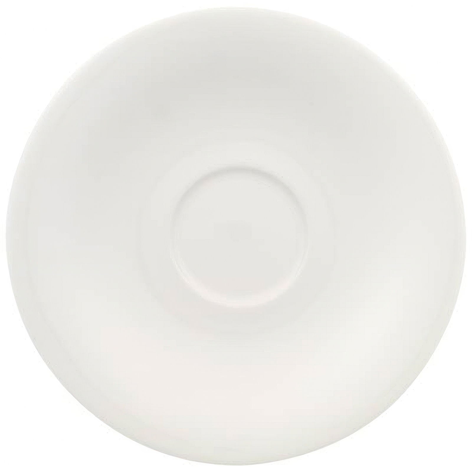 Weißer, runder Teller mit leicht vertieftem Zentrum und glatter Oberfläche.