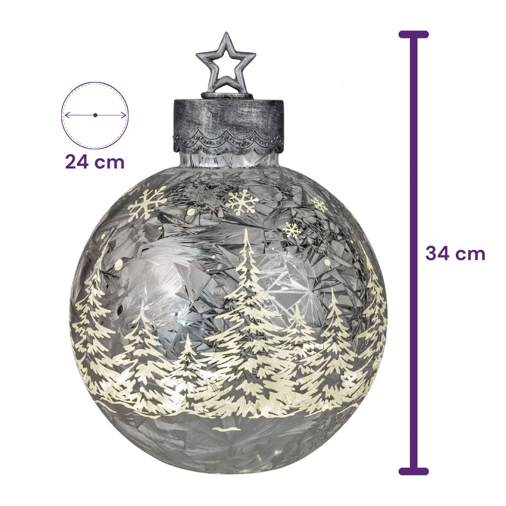 Leuchtende Dekokugel in silber mit weißen Tannenbäumen und Schneeflocken mit Maßangaben