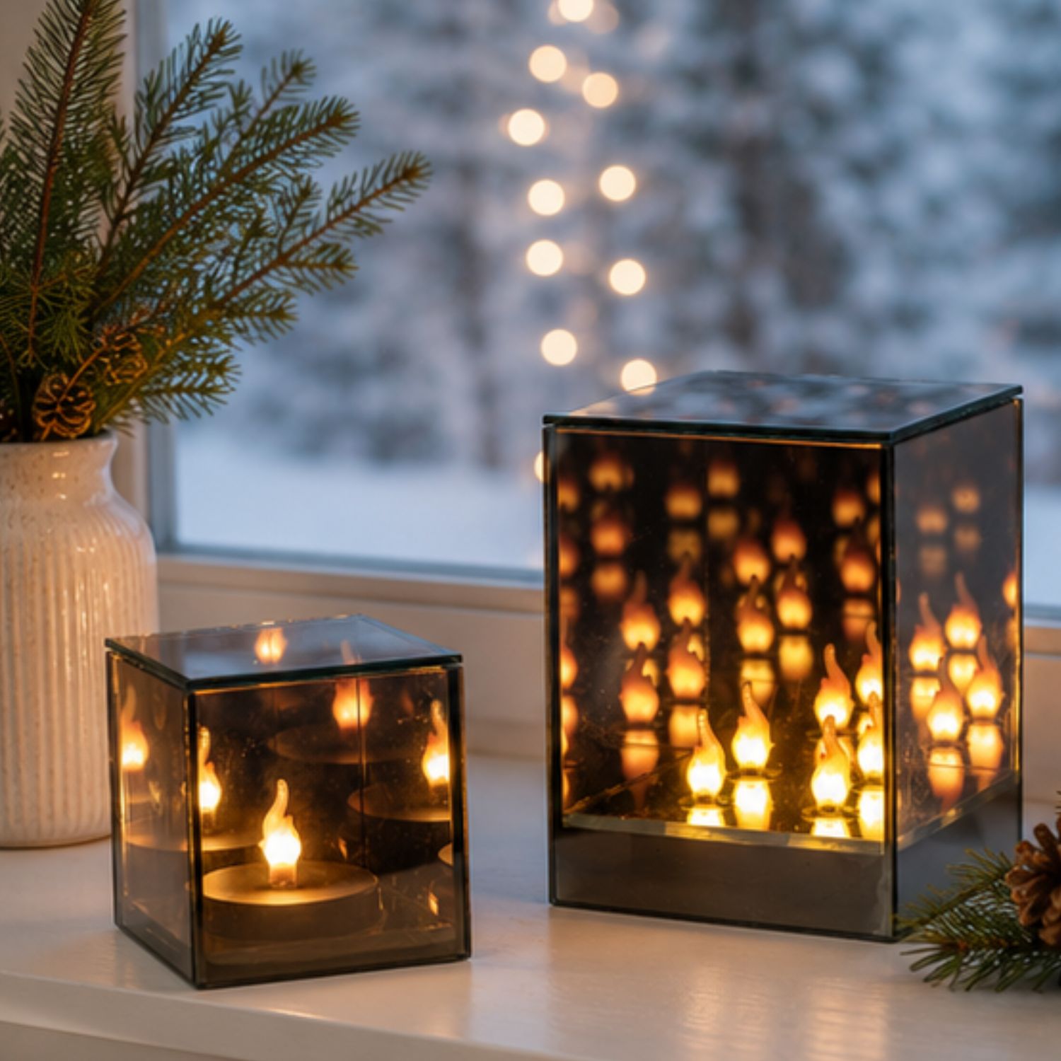 Zwei leuchtende Glaswürfel mit Flammen auf einer Fensterbank, Winterlandschaft im Hintergrund