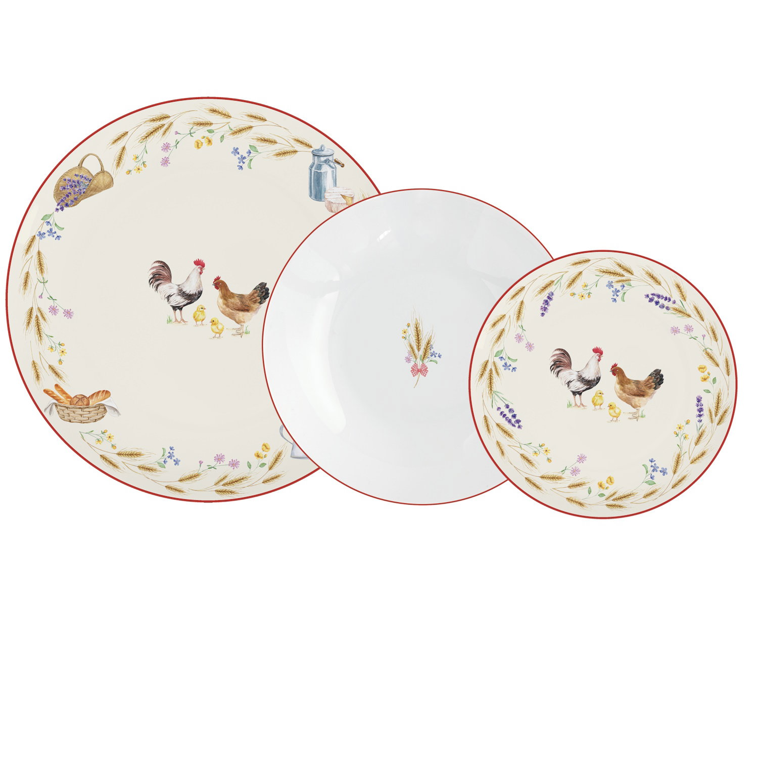 Drei Teller in verschiedenen Größen mit Hühner-Motiven und floralen Verzierungen am Rand. Farben: Weiß, Rot, Beige.