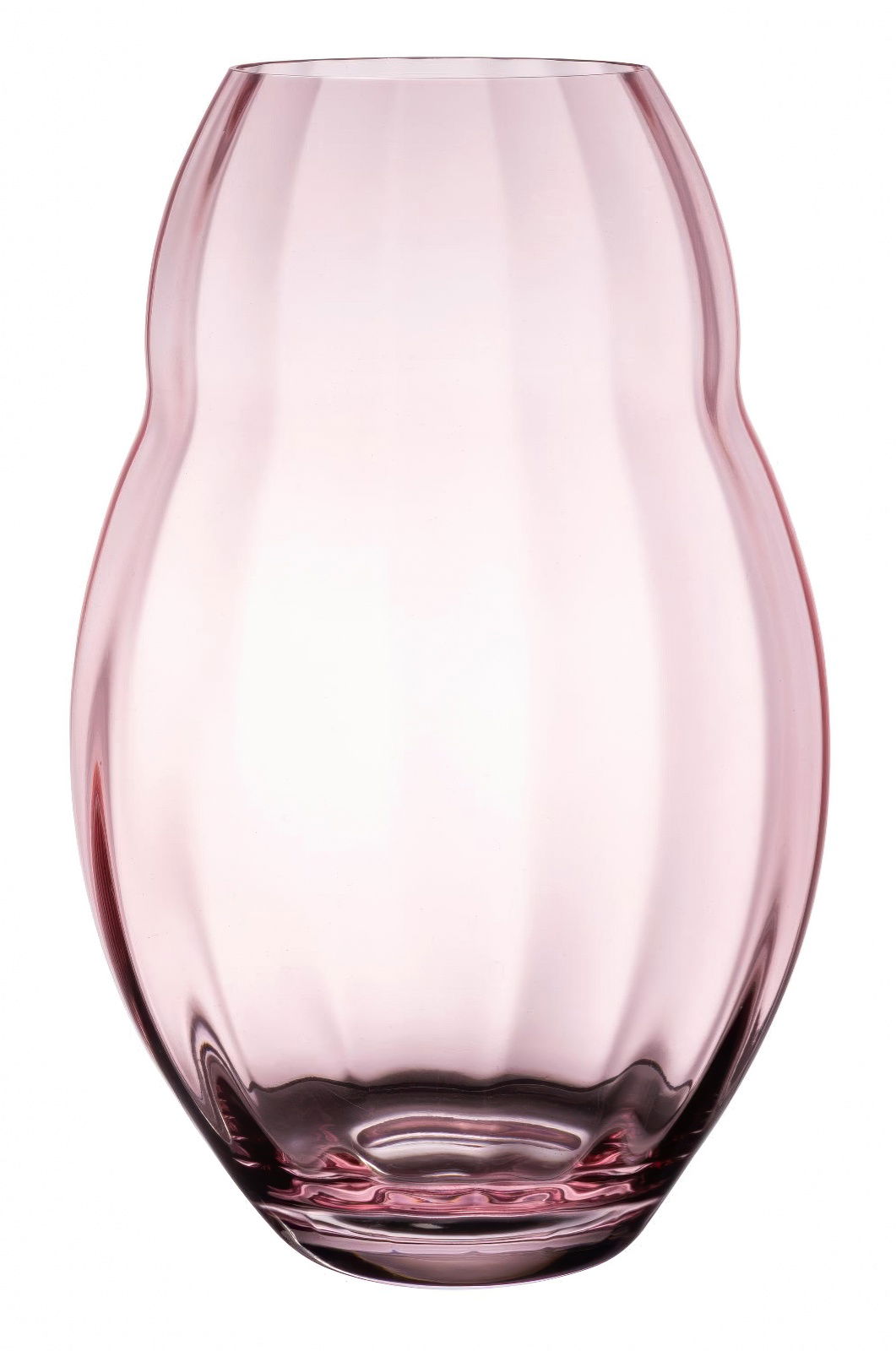 Transparente, rosa Vase mit geschwungener Form und breiterer Öffnung oben, auf einem klaren Sockel.