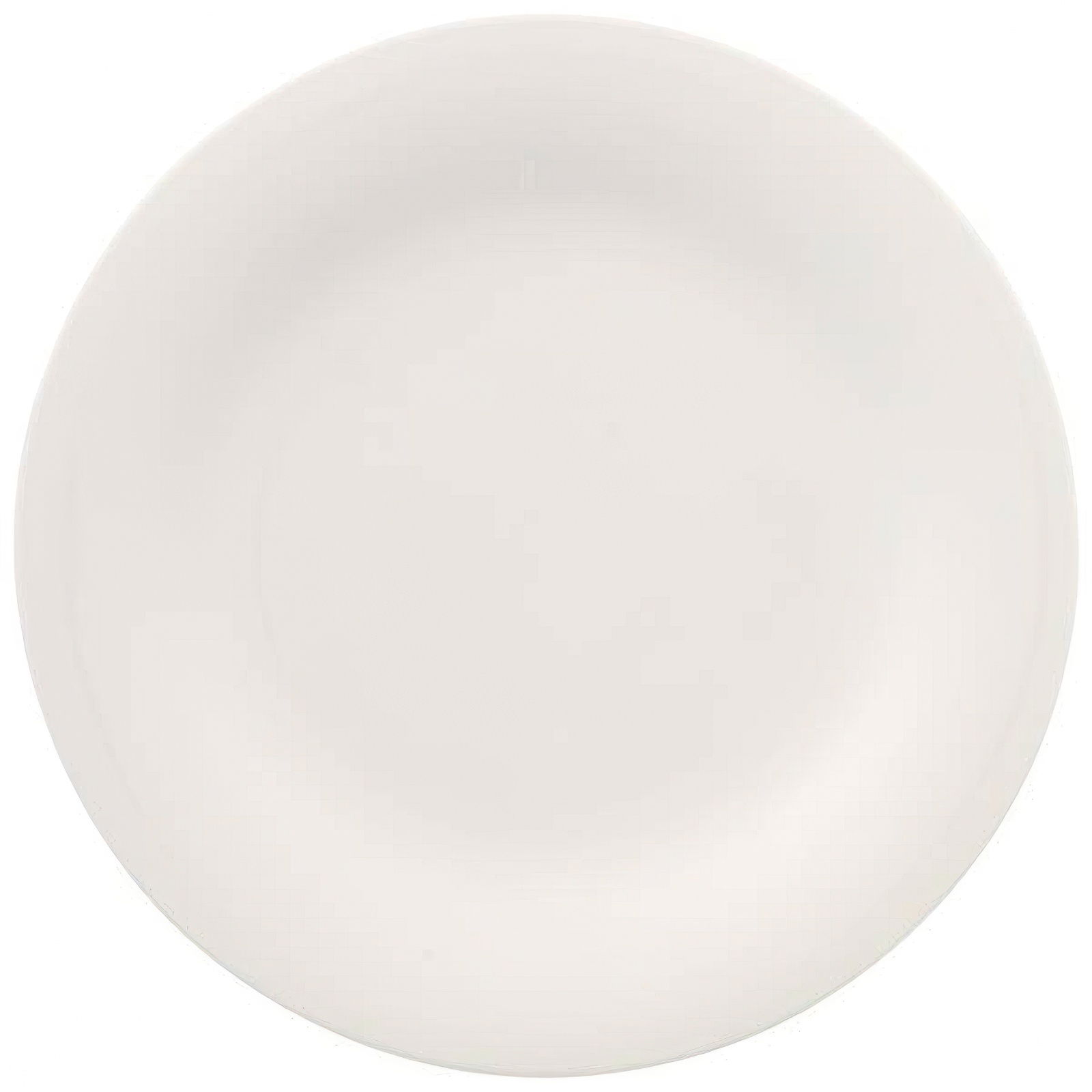 Ein runder, flacher Teller in hellem Weiß ohne Muster oder Verzierungen.
