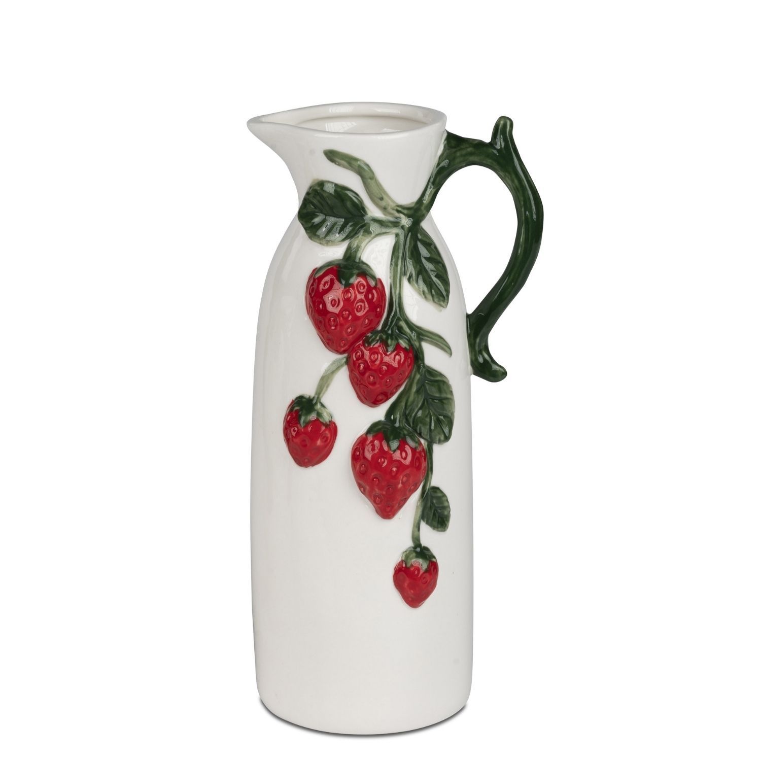 Weiße Keramikkanne mit Relief roter Erdbeeren und grüner Blätter