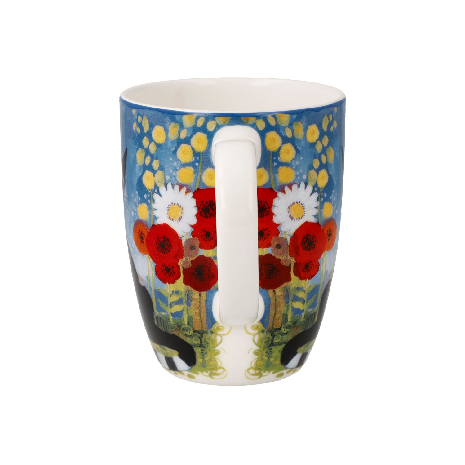 Keramiktasse mit buntem Blumenmuster in Rot, Weiß und Gelb auf blauem Hintergrund