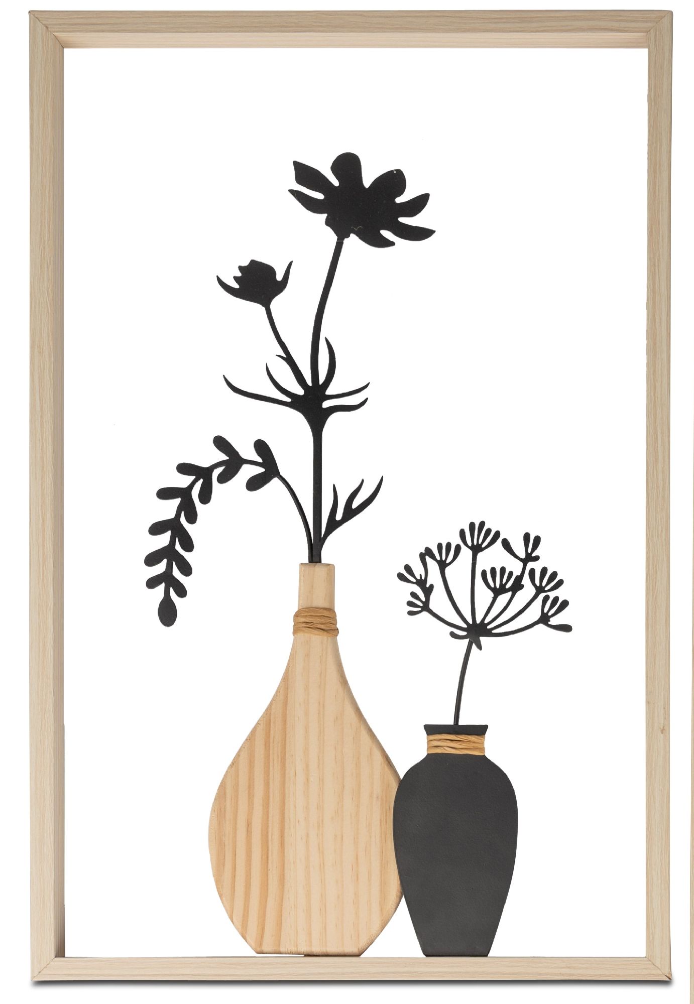 Zwei stilisierte Vasen mit schwarzen Pflanzenmotiven auf weißem Hintergrund, eingerahmt in einen hel