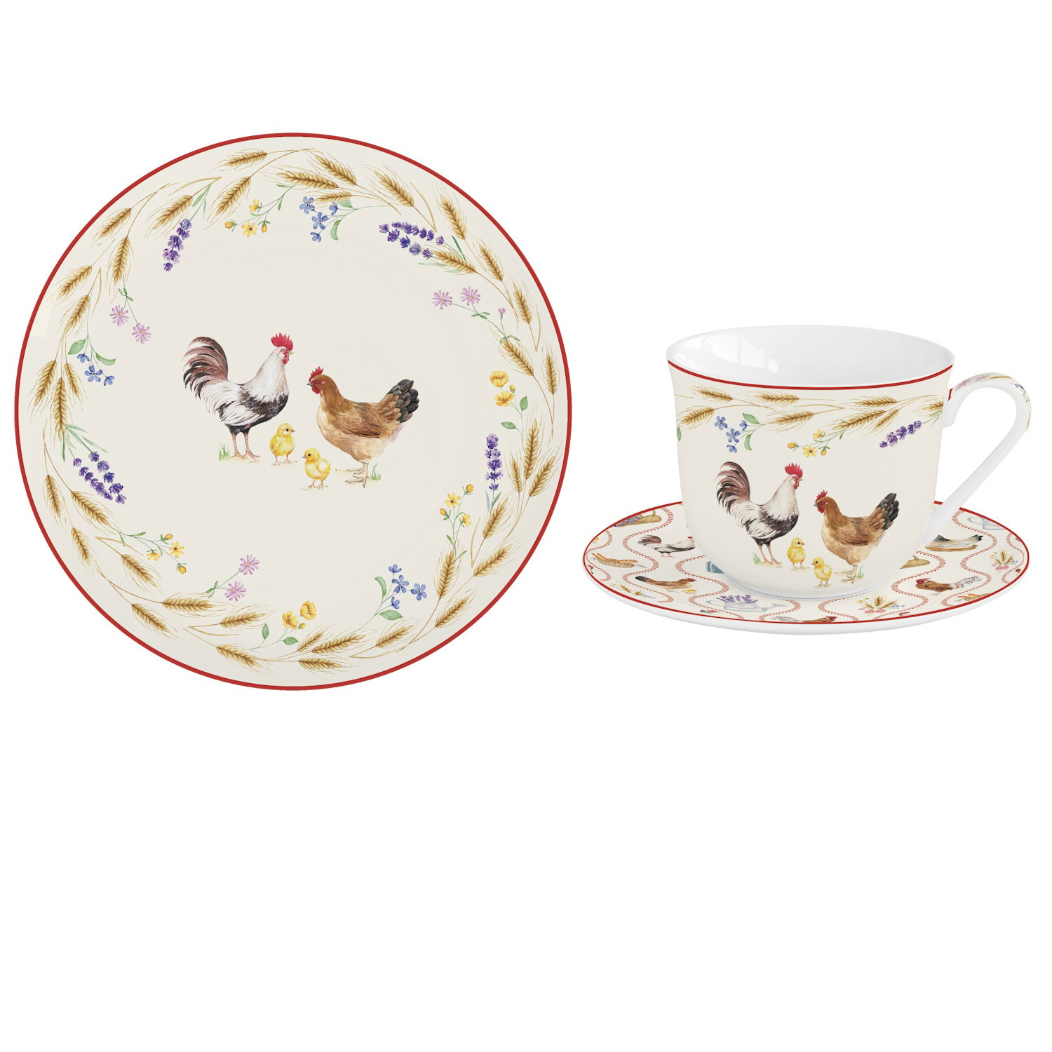 Teller und Tasse mit Hühnermotiven und bunten Blumen, umrandet von einem roten Rand. Tasse steht auf passendem Unterteller.